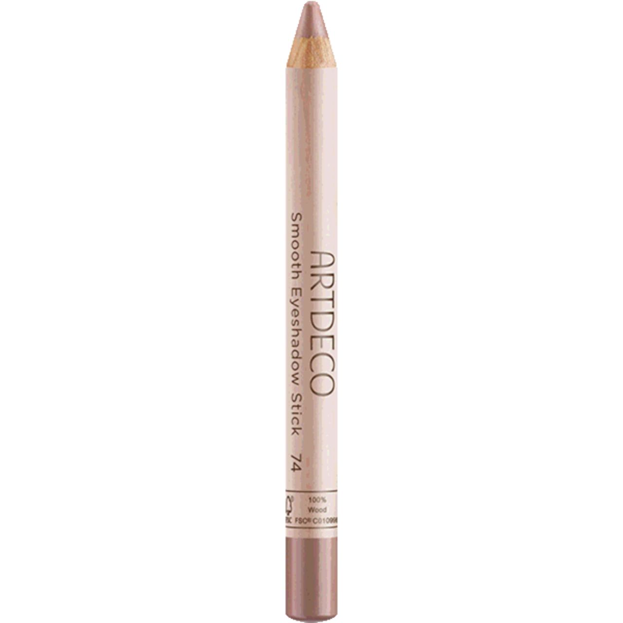 Artdeco Smooth Eyeshadow Stick, Stiftform, hellbraun. Aufschrift: Smooth Eyeshadow Stick 74. Mit Spitze und Verschluss.