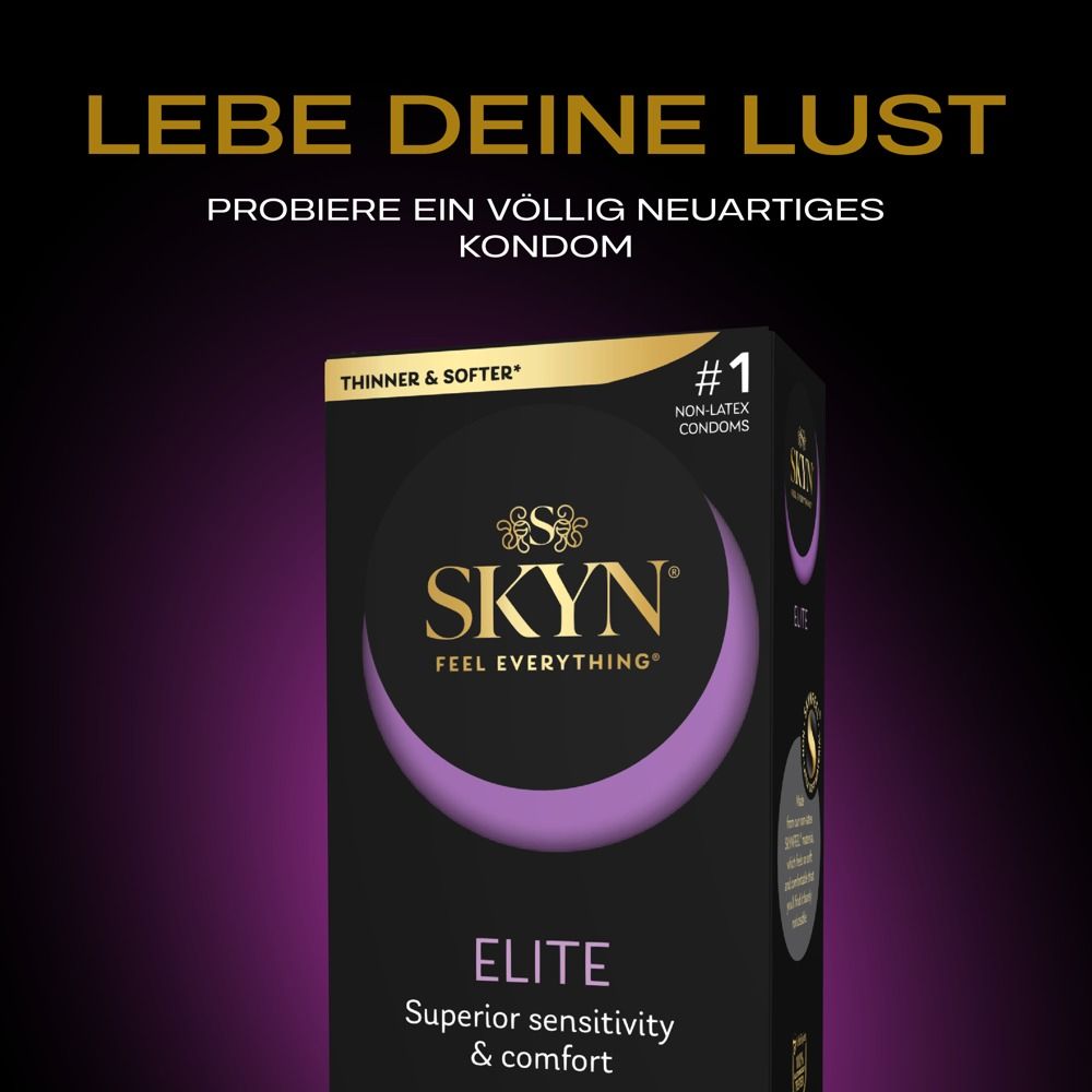 Werbung für SKYN Elite. Schwarzer Hintergrund. Text: Lebe deine Lust. Probieren Sie ein völlig neuartiges Kondom.