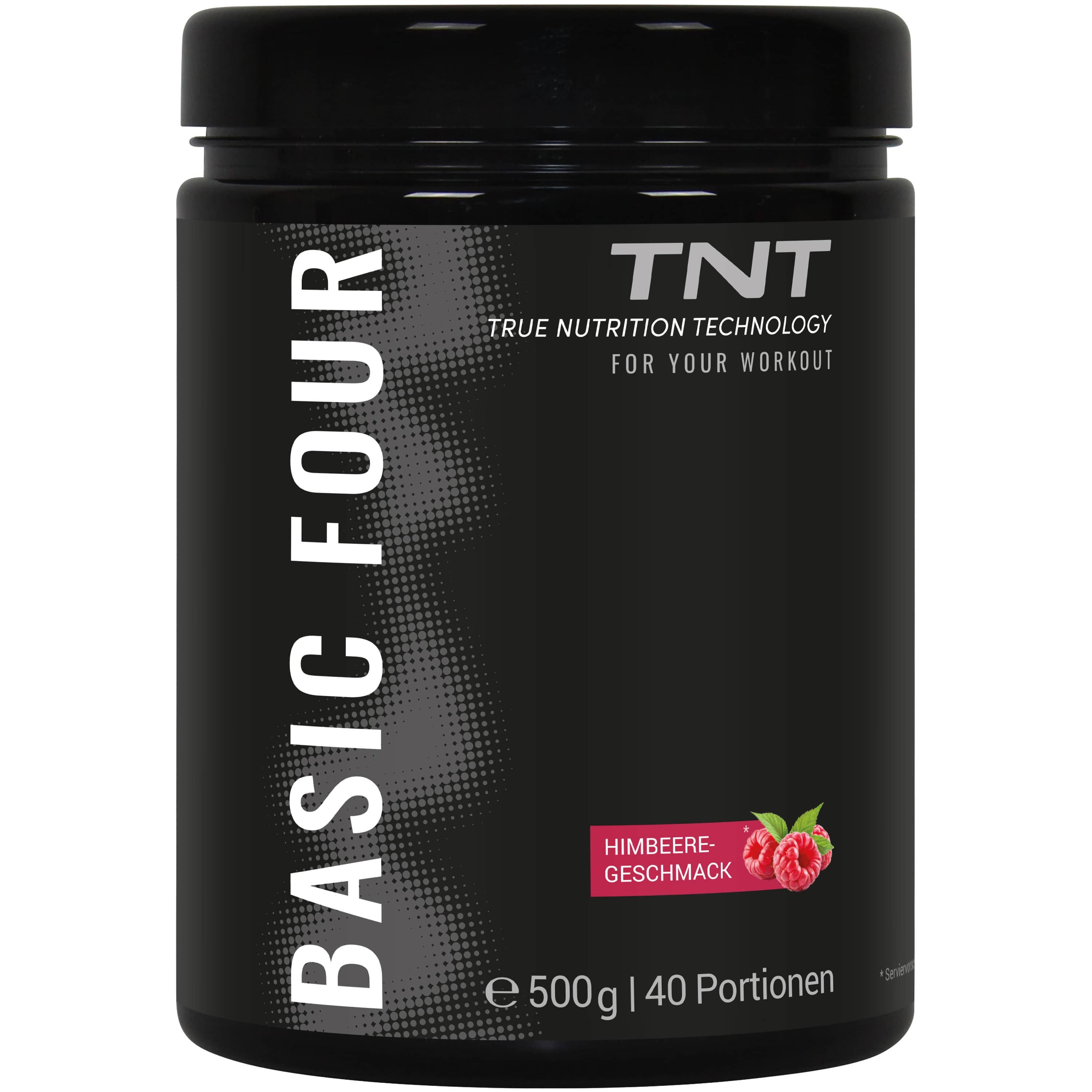 Schwarzes TNT Basic Four-Behälter mit Himbeer-Geschmack. 500g, 40 Portionen. Logo und Text auf dem Etikett.