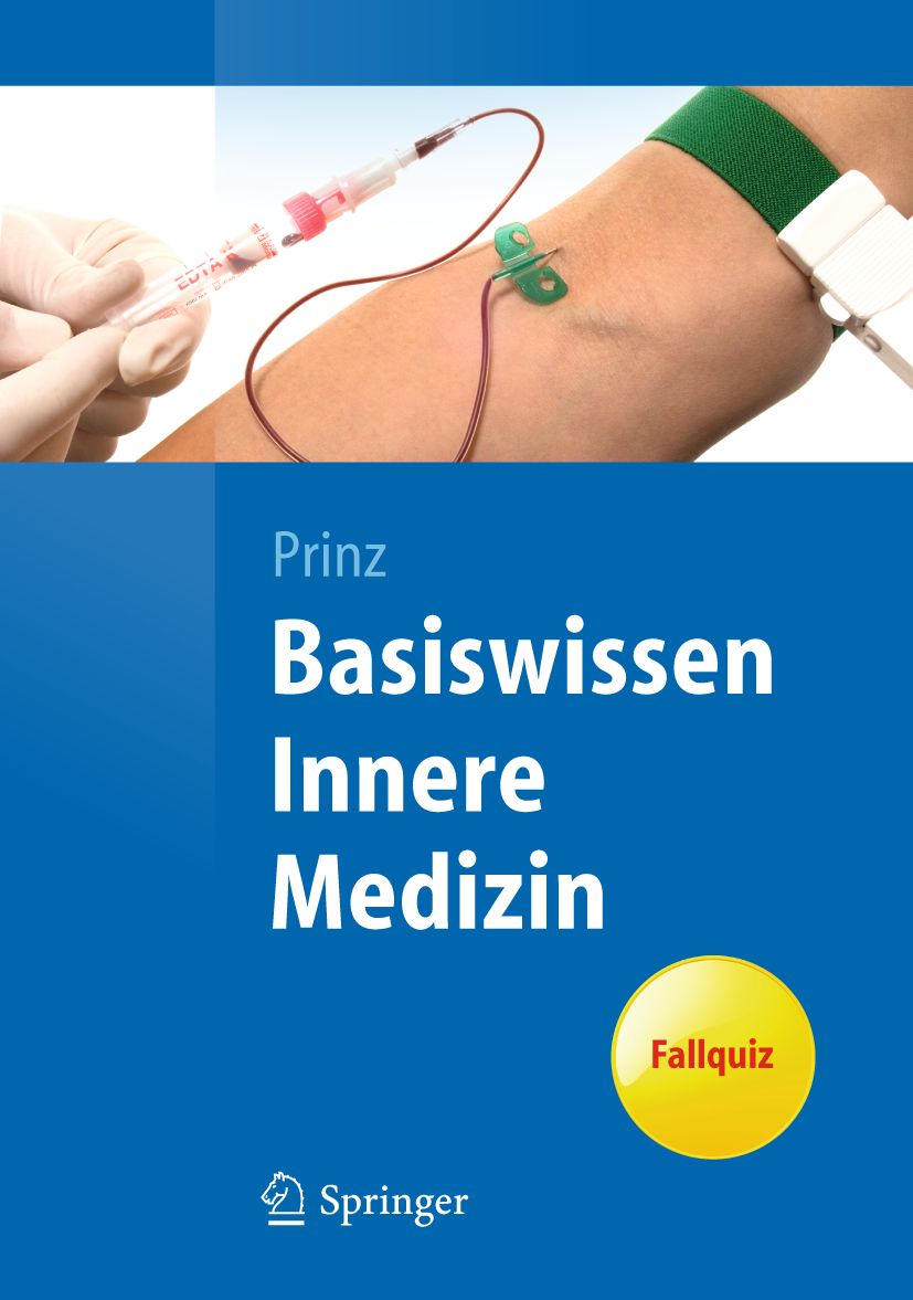 Buchcover: "Basiswissen Innere Medizin". Blauer Hintergrund, Text in Weiß. Arm mit Infusion. Springer-Logo.