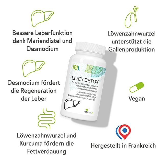 Weiße Flasche "LIVER DETOX". Grafiken: Leber, Löwenzahn, Darm. Text: "Hergestellt in Frankreich". Vegan-Siegel. Kapsel-Grafik.