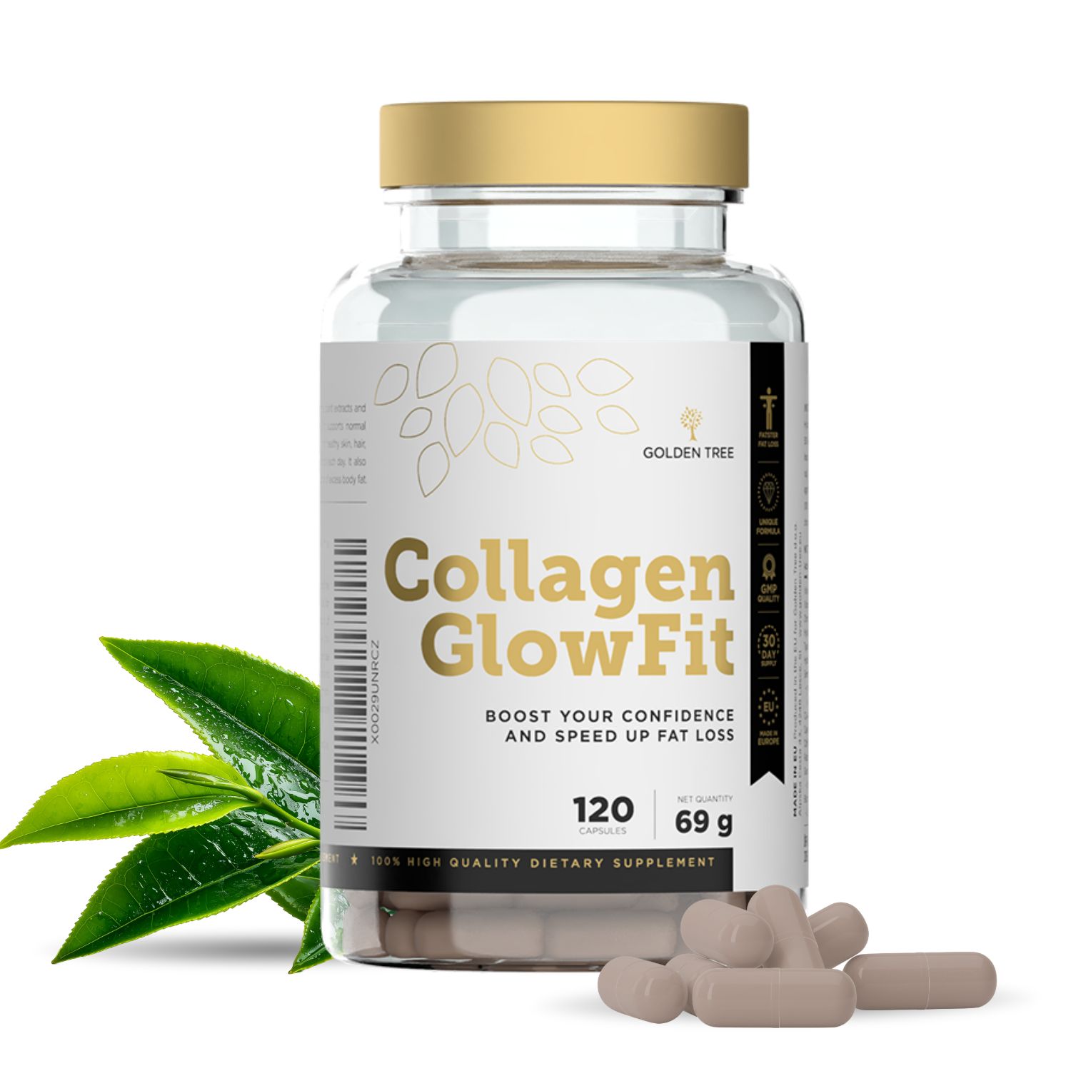 Golden Tree Collagen GlowFit Kapseln in transparenter Flasche mit goldenem Deckel. 120 Kapseln, 69g.
