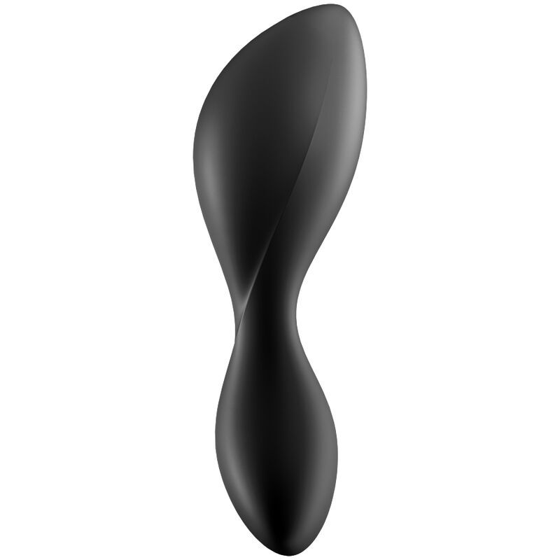 Schwarzer Analvibrator, gedrehte Form. Ovale Spitze, verjüngt sich zur Basis. Glatte Oberfläche.