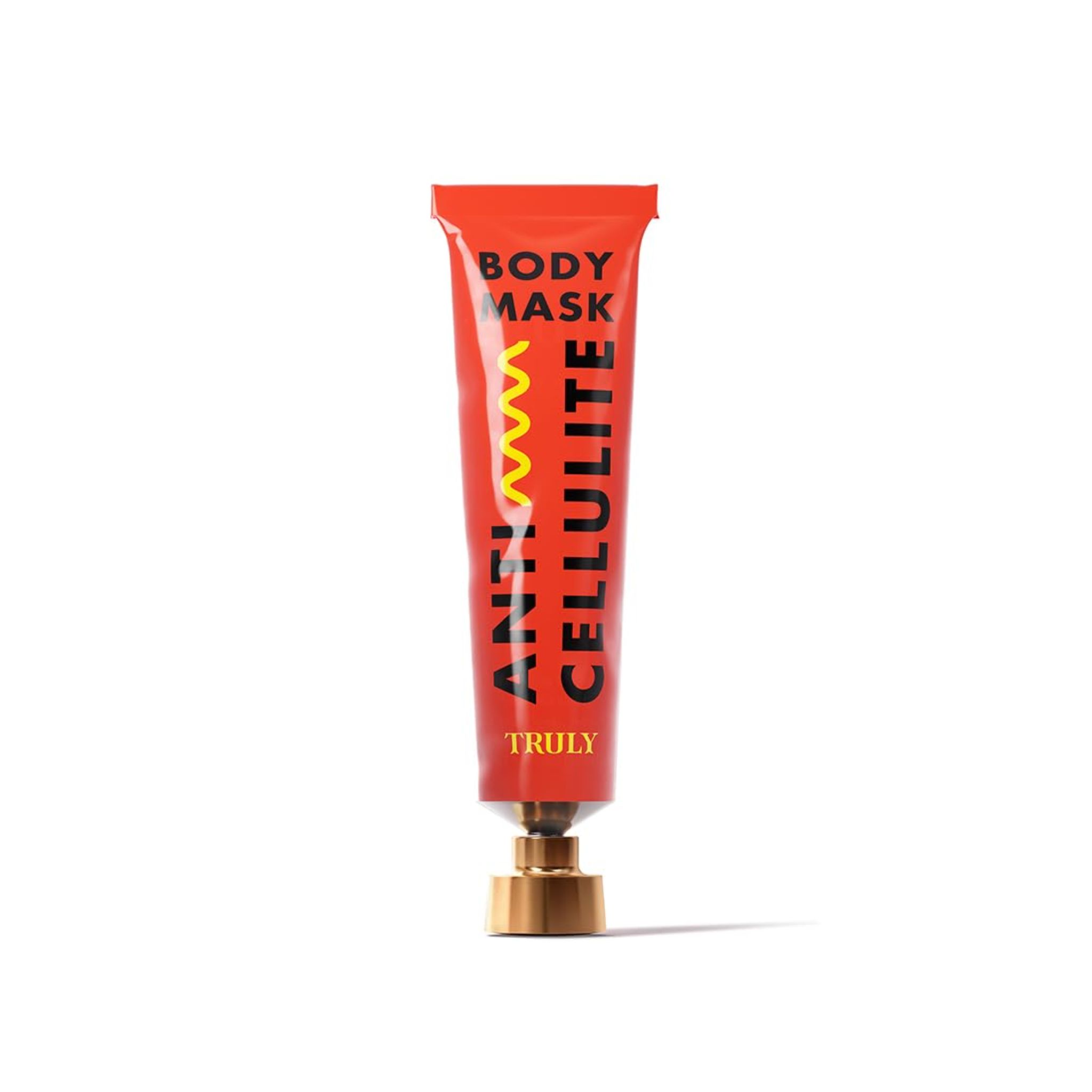 Rote Tube mit goldfarbenem Verschluss. Aufschrift: ANTI CELLULITE BODY MASK. Gelbe Wellenlinie.