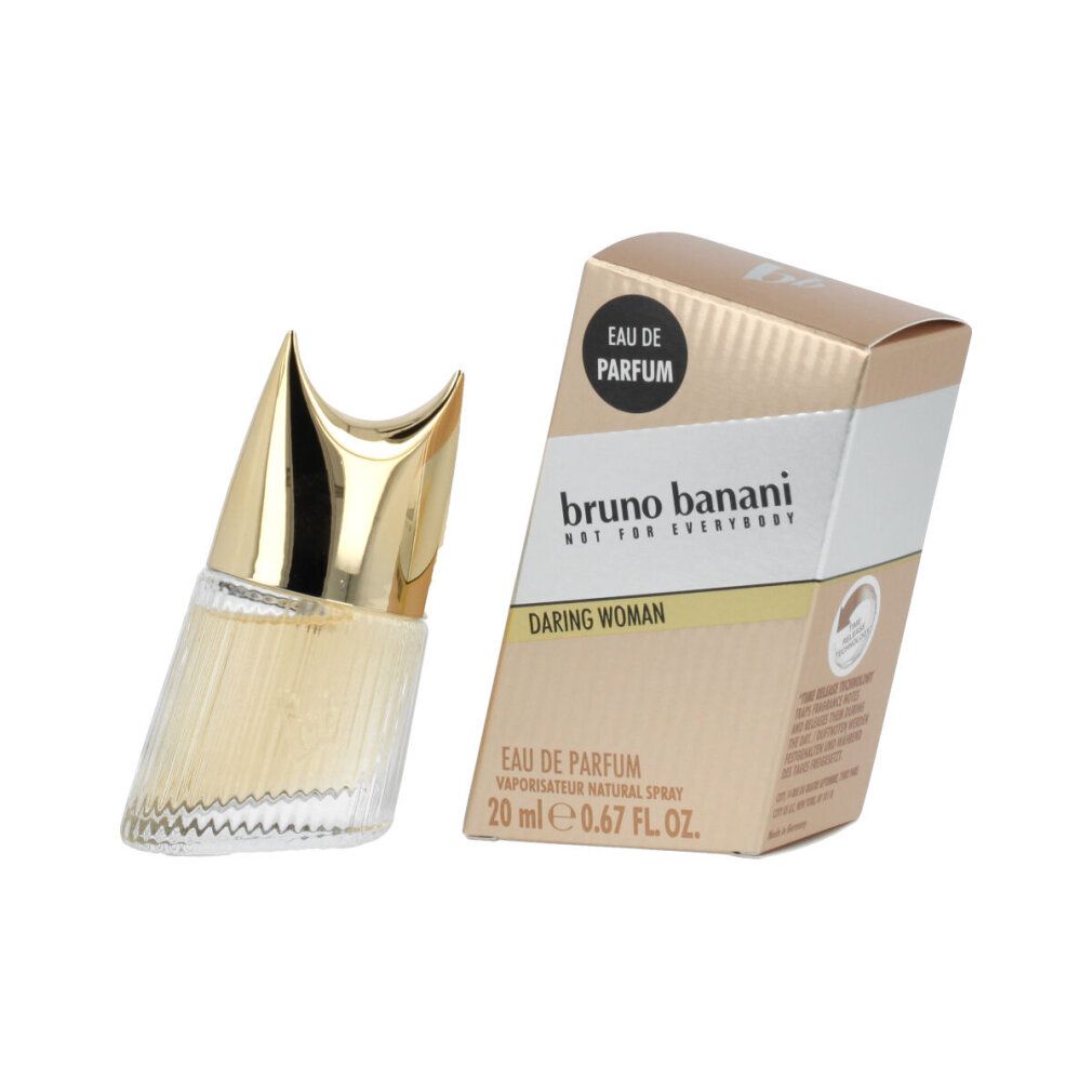 Parfümflakon und Verpackung. Goldfarbener Deckel, schräger Flakon. Verpackung mit Schriftzug 'Bruno Banani Daring Woman'.