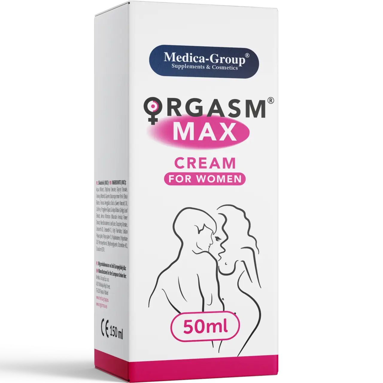 Weiße Schachtel mit Produktnamen und Logo. Enthält Illustrationen von Paaren. Text: ORGASM MAX CREAM FOR WOMEN, 50ml.