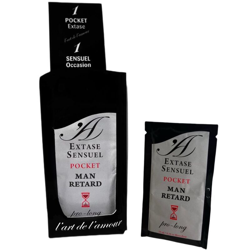Schwarze Verpackung mit Produktbeutel. Aufschrift: Extase Sensuel Pocket Man Retard. Logo: A. Text: l'art de l'amour.