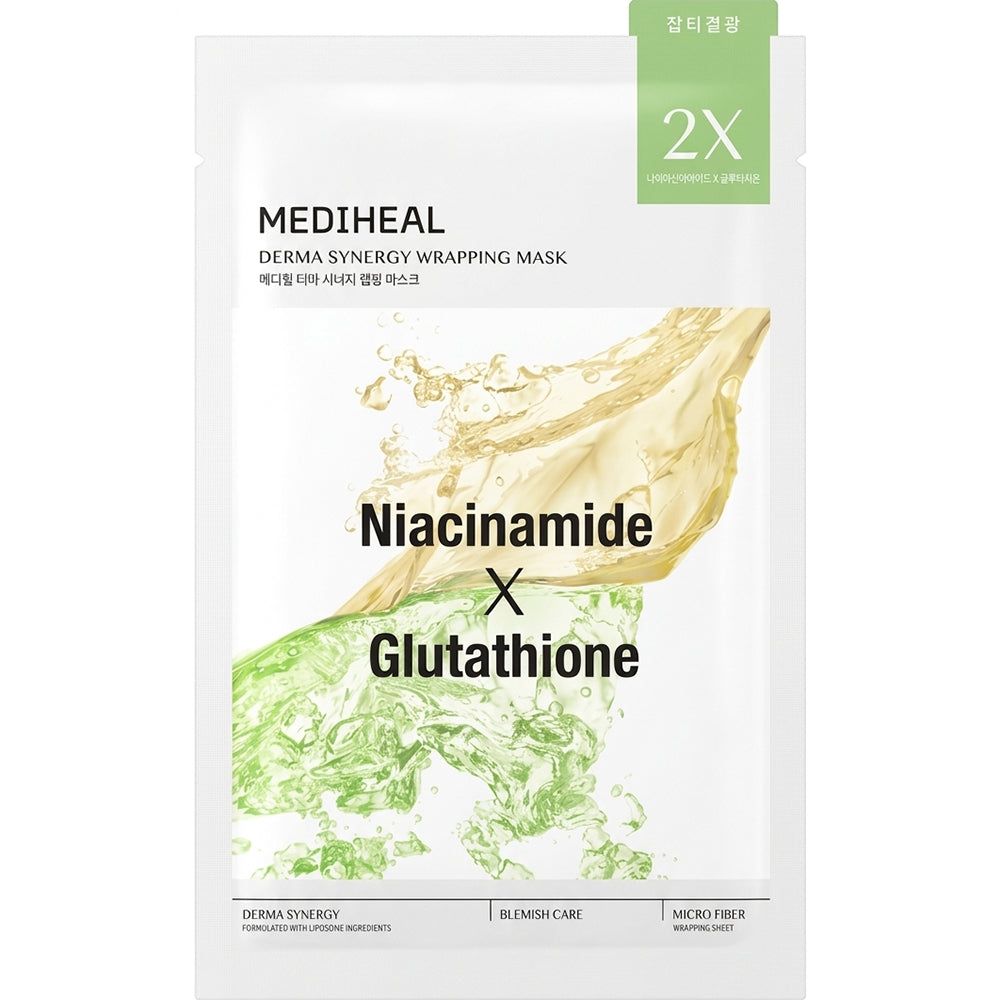 Verpackung der MEDIHEAL Derma Synergy Wrapping Tuchmaske. Aufschrift: Niacinamide X Glutathione.