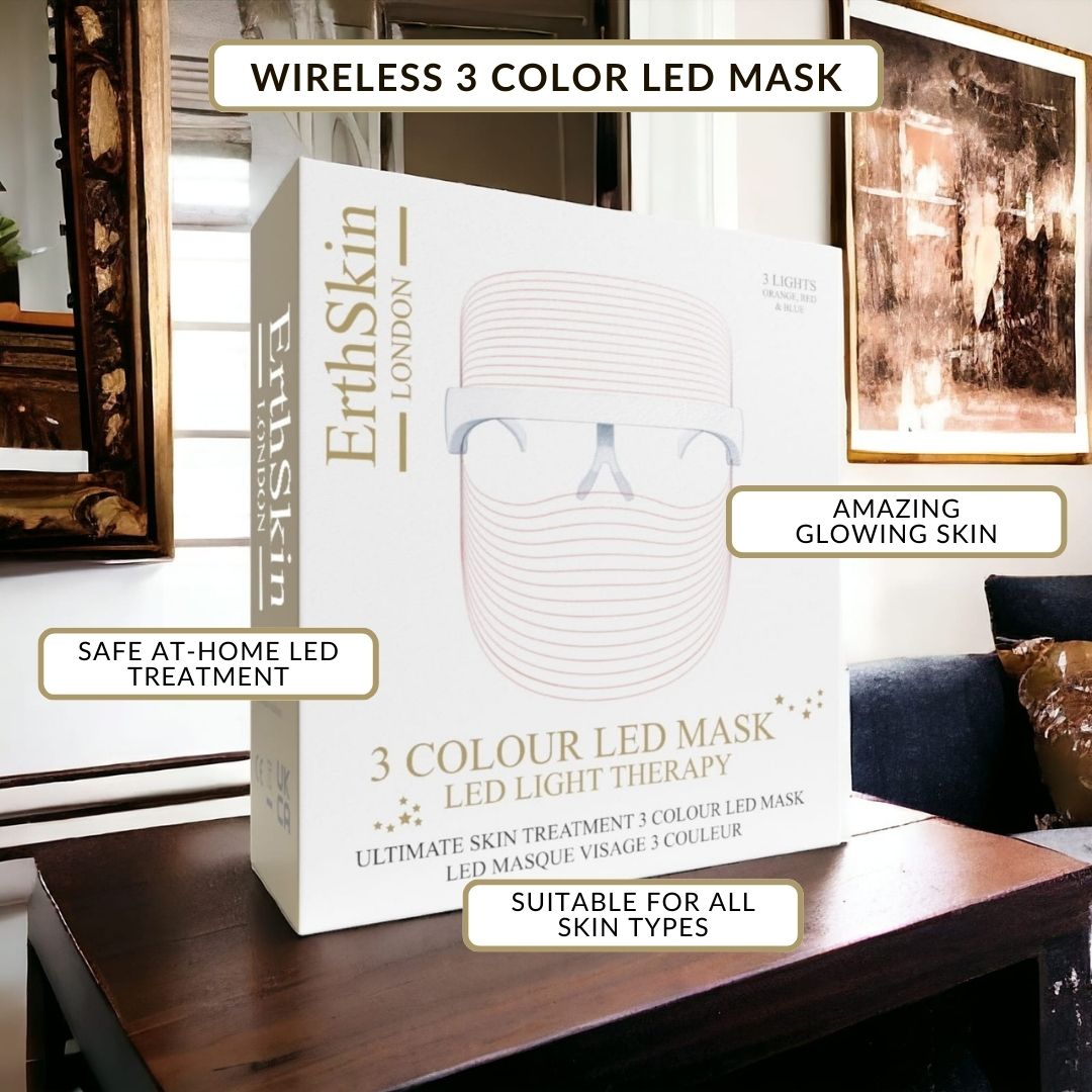 Verpackung der Erth Skin London 3-Farben-LED-Maske mit Hinweisen.