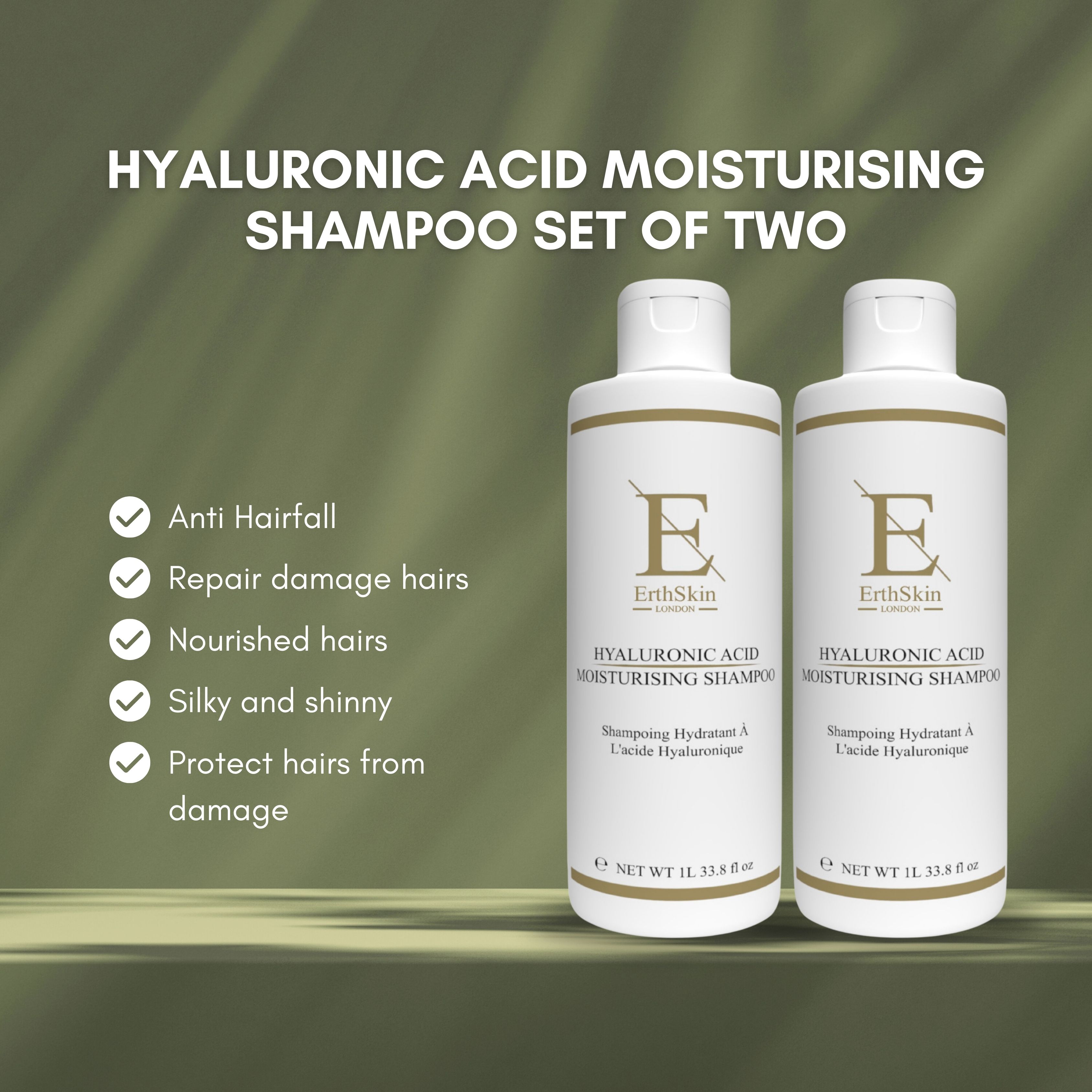 Zwei weiße Shampoo-Flaschen mit Etikett. Aufschrift: ErthSkin London, Hyaluronsäure Moisturising Shampoo. Text: Anti-Haarausfall, etc.