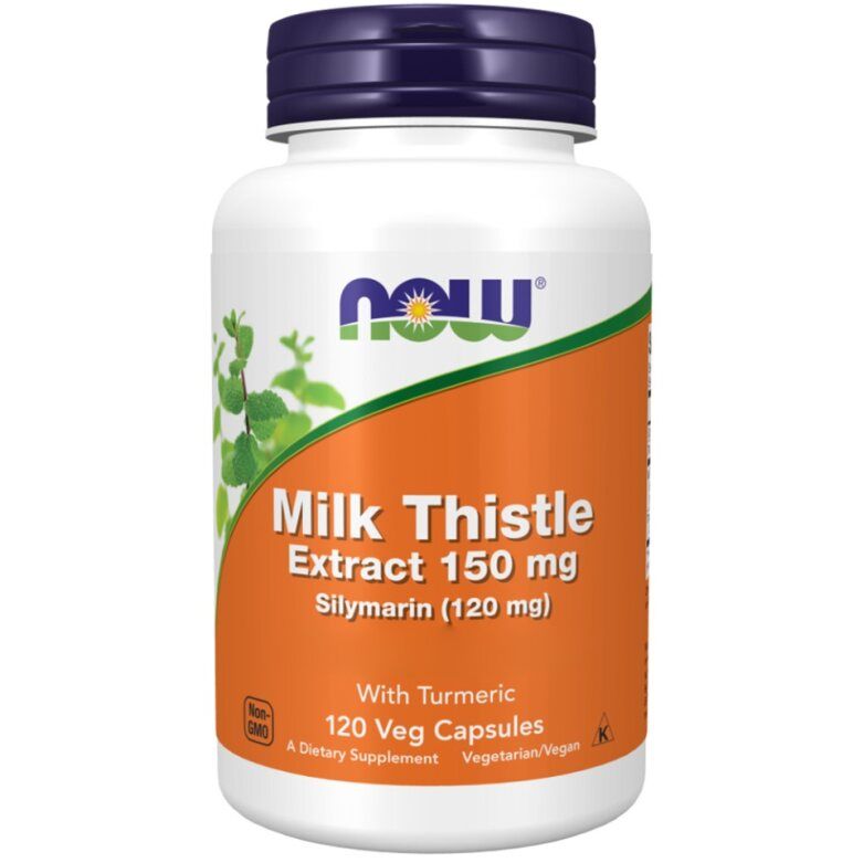 Weißes Fläschchen mit blauem Deckel. Aufschrift: Milk Thistle Extract 150 mg, 120 Veg Capsules. Enthält Kurkuma. Vegetarisch/Vegan.