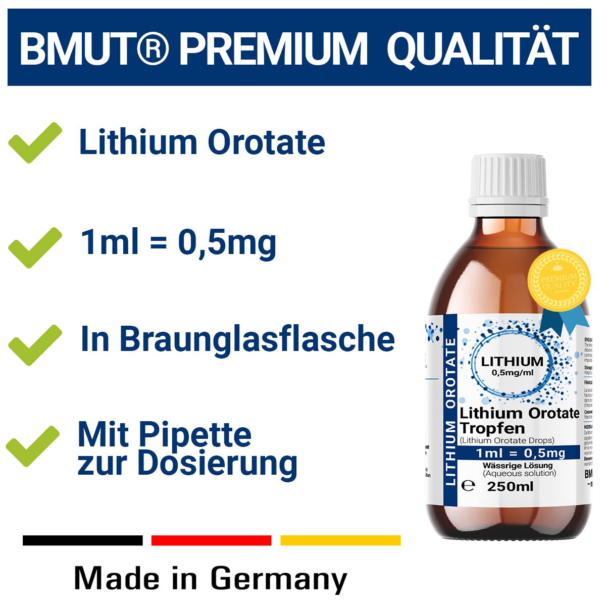 Braunglasflasche mit Etikett. Enthält Lithium Orotate Tropfen. Text: 1ml = 0,5mg. Mit Pipette zur Dosierung. Made in Germany.