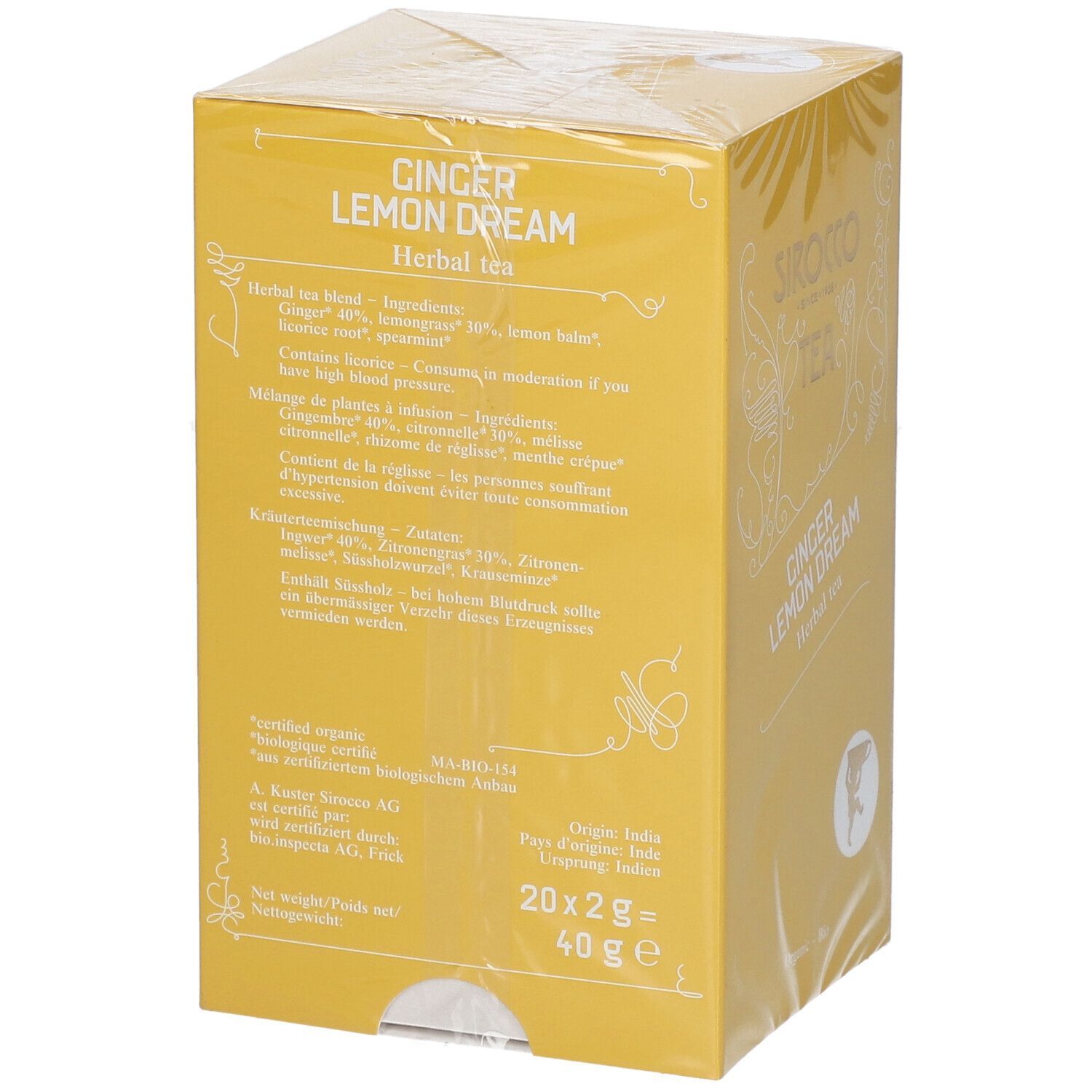 Gelbe Verpackung, Rückseite. Text: "Ginger Lemon Dream", Inhaltsstoffe, Warnhinweise, Herstellerangaben, 20x2g.