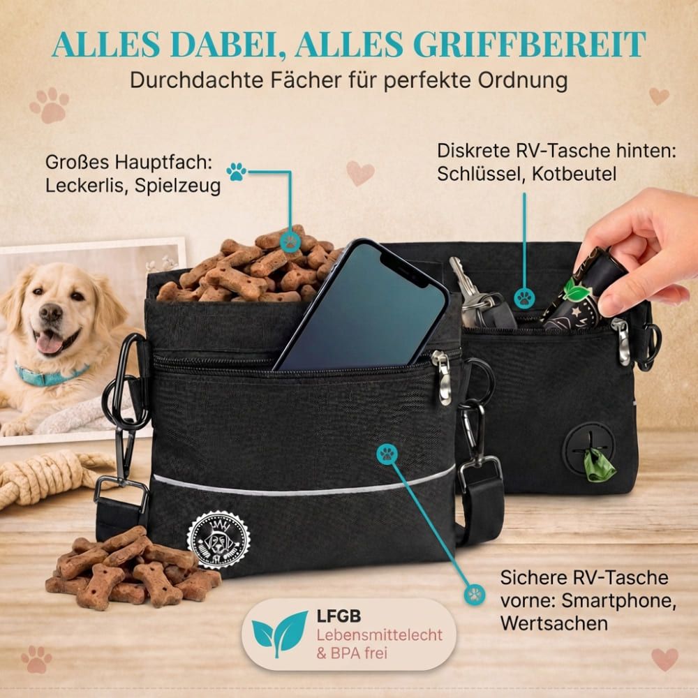 Schwarze Leckerlietasche mit Fächern. Enthält Leckerlis, Smartphone, Schlüssel, Kotbeutel. LFGB-Zertifizierung. Hund im Hintergrund.