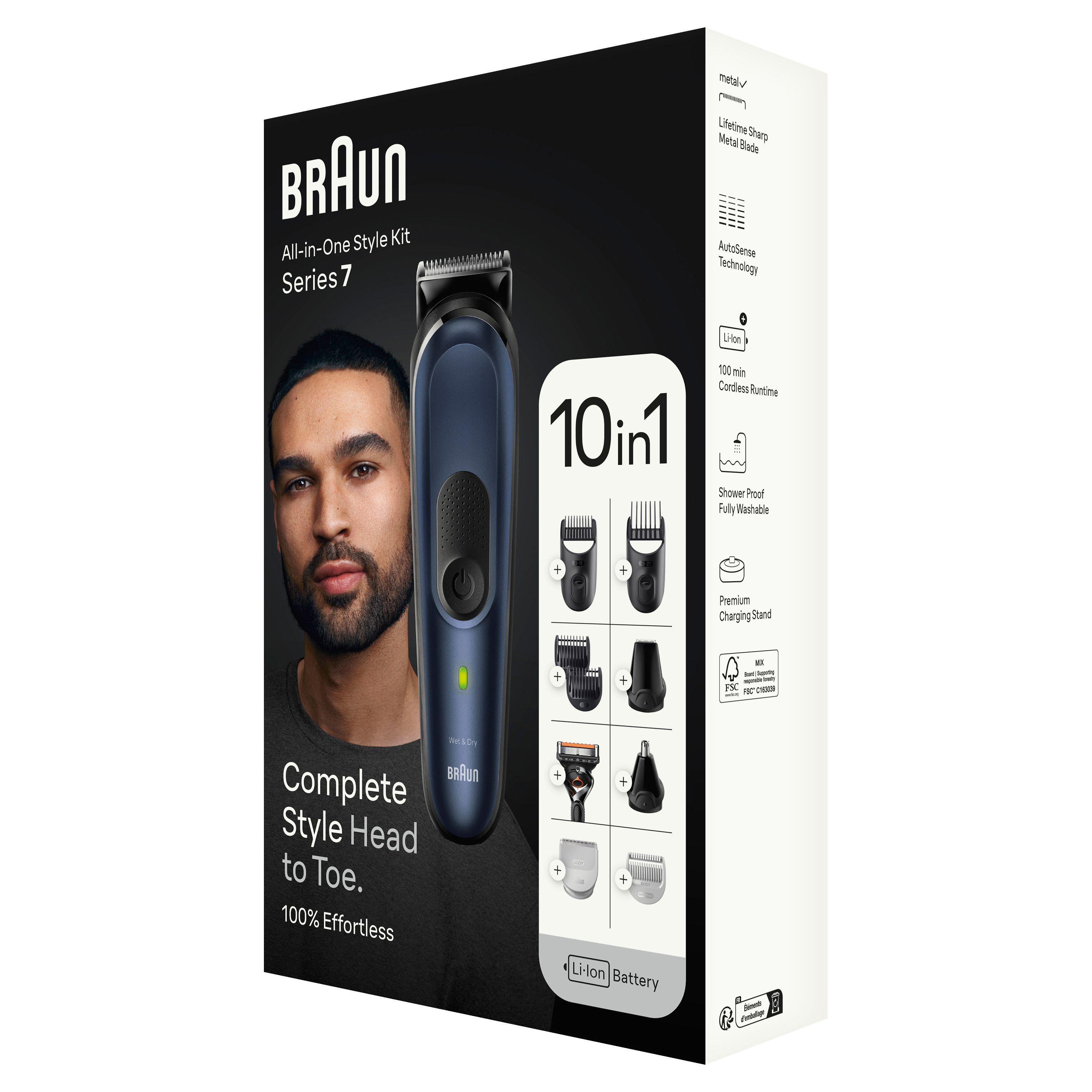 Braun MGK7421. All-in-one-Styler-Kit. Series 7. 10-in-1-Kit. Schwarze Verpackung mit Produktabbildung und Zubehör. Li-Ion-Akku. Detaillierte Produktinformationen.