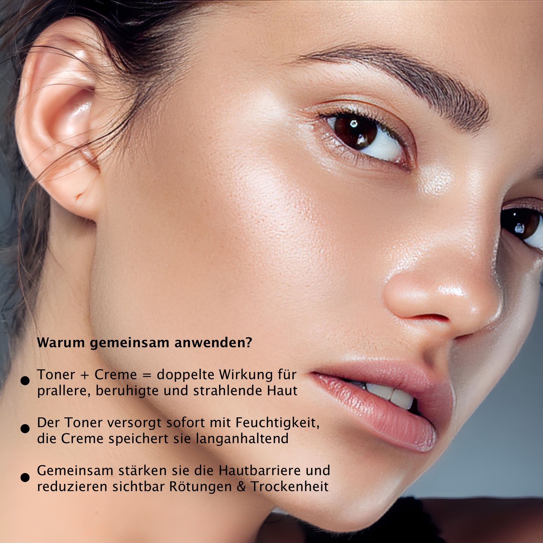 Porträt einer Frau. Text: Warum gemeinsam anwenden? Toner + Creme = doppelte Wirkung. Gelber Hintergrund.