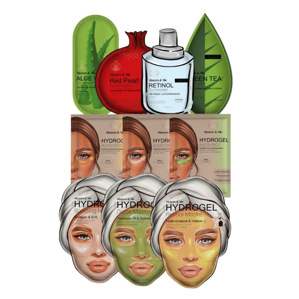 Verschiedene Gesichtsmasken, Augenpads und eine Retinol-Flasche. Produkte von Sisters & Me.