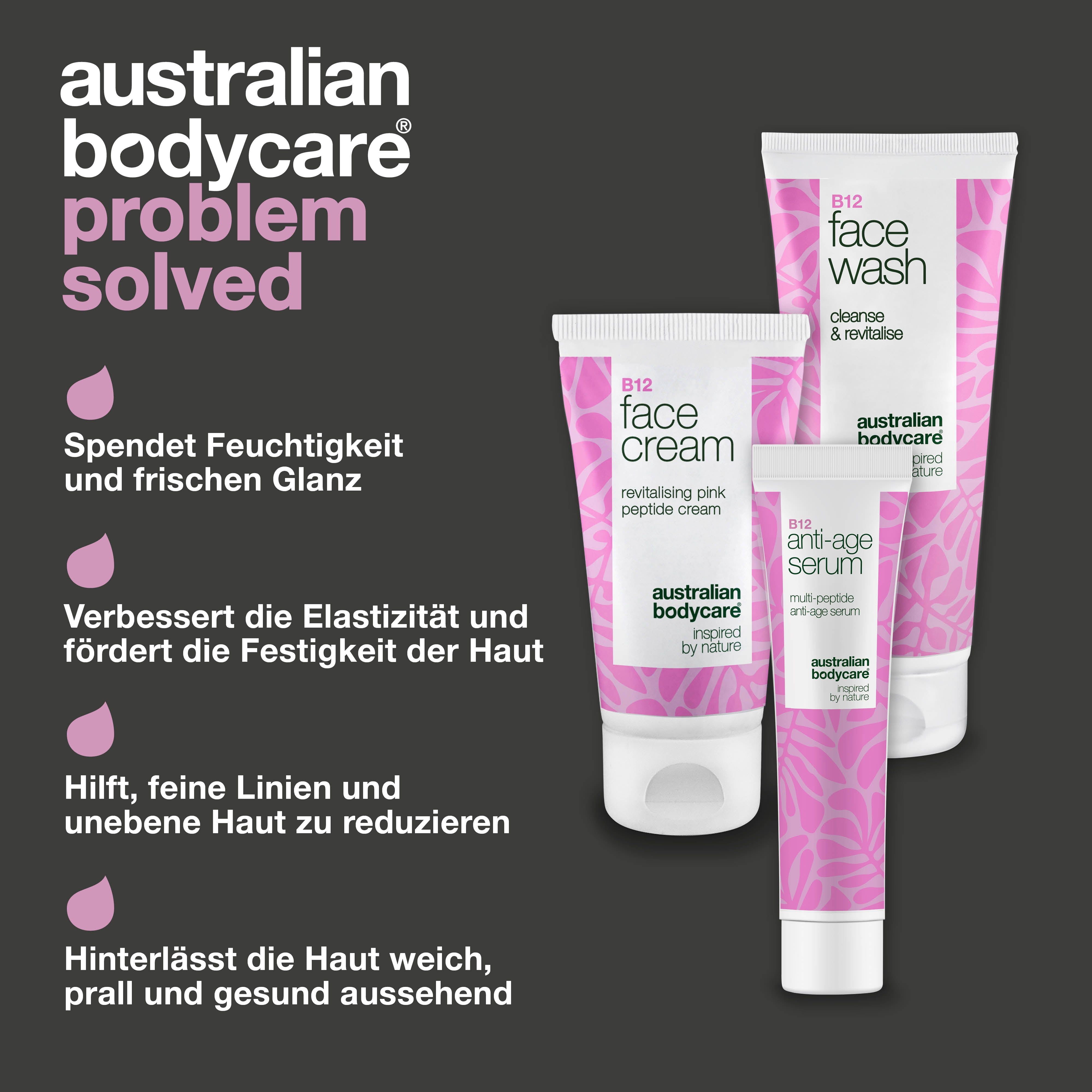 Drei Tuben: Face Wash, Face Cream, Anti-Age Serum. Text: Hydratation, Elastizität, Reduzierung von Falten. Marke: Australian Bodycare.