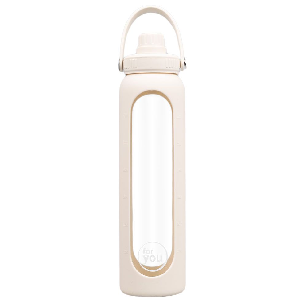 Beige Trinkflasche mit Glasfenster. Marke: for you. Mit Deckel und Trageschlaufe.