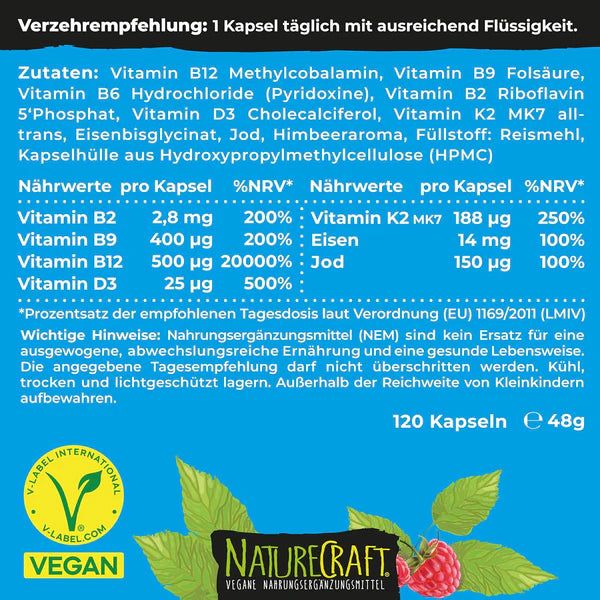 Rückseite der NatureCraft Vegan Basics Verpackung mit Nährwertangaben und Inhaltsstoffen.