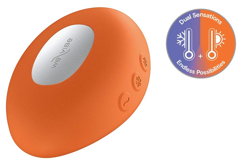 Orangefarbenes, ovales Gerät mit drei Knöpfen und einem silbernen Bereich mit "we vibe"-Logo. Ein Kreis zeigt Symbole für Wärme und Kälte.