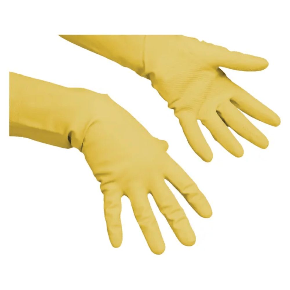 Zwei gelbe Gummihandschuhe, die auf weißem Hintergrund liegen. Die Handschuhe sind offen und zeigen die Handflächen.