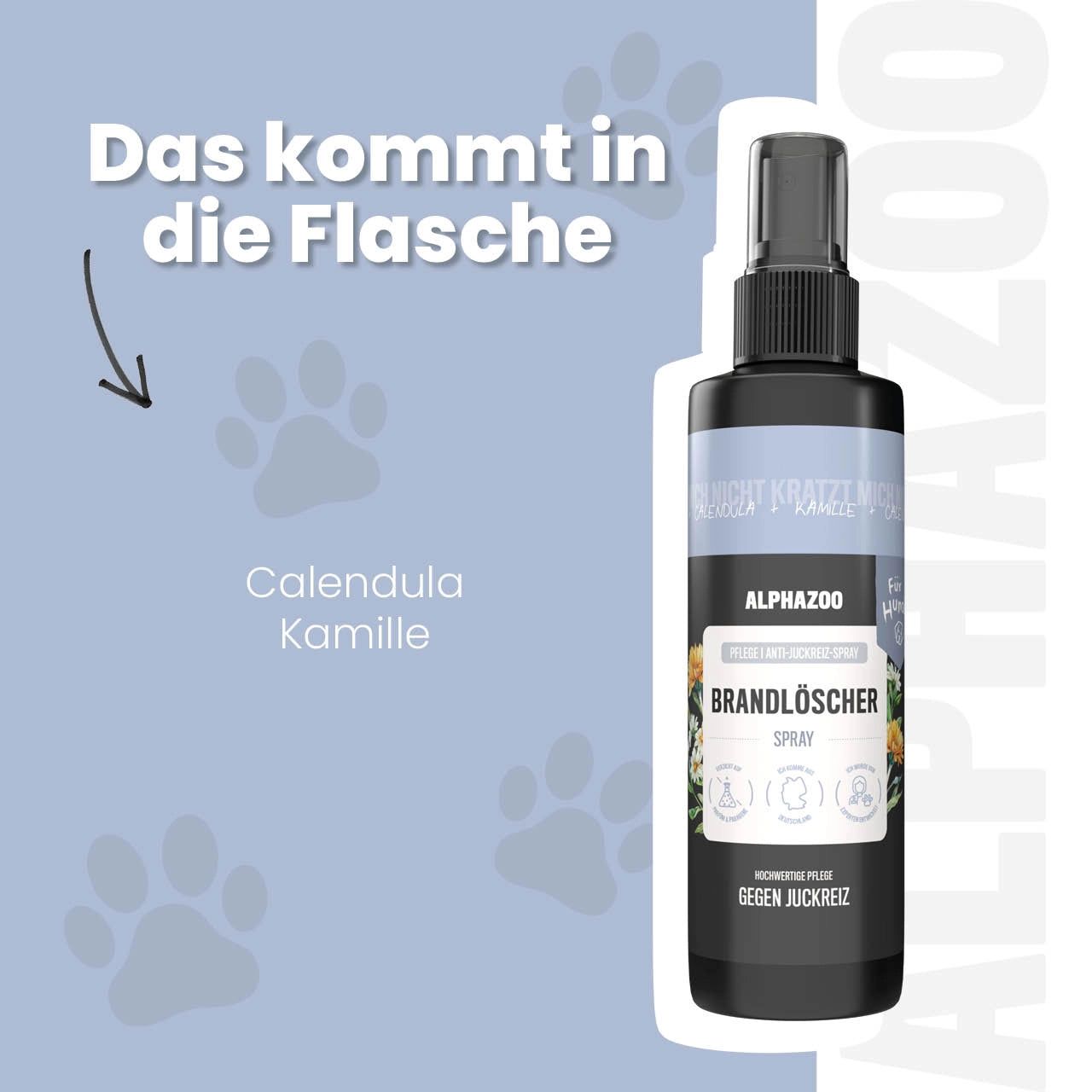 Sprühflasche mit Produktname und Inhaltsstoffen: Calendula und Kamille. Hintergrund blau mit Pfotenabdrücken.