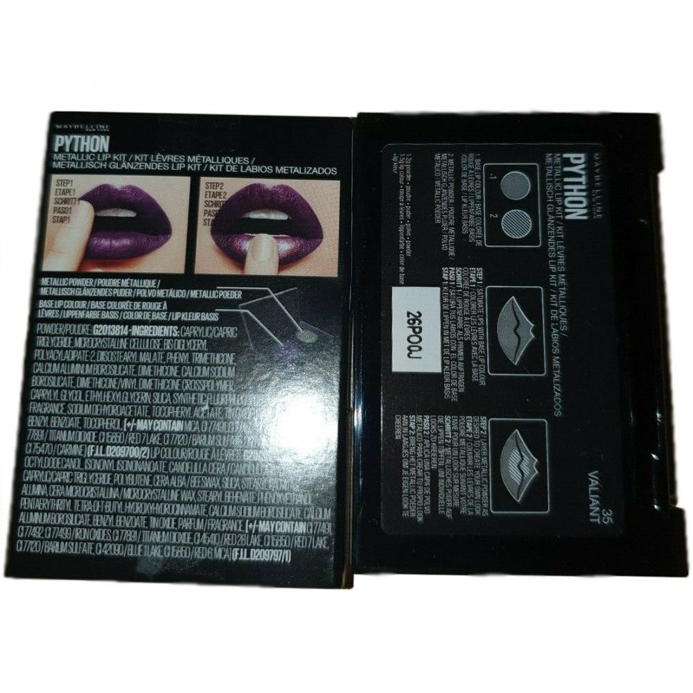 Maybelline Python Metallic-Lippenstift-Set. Schwarze Verpackung, geöffnet. Enthält zwei Lippenfarben, Produktabbildungen und Inhaltsstoffe.