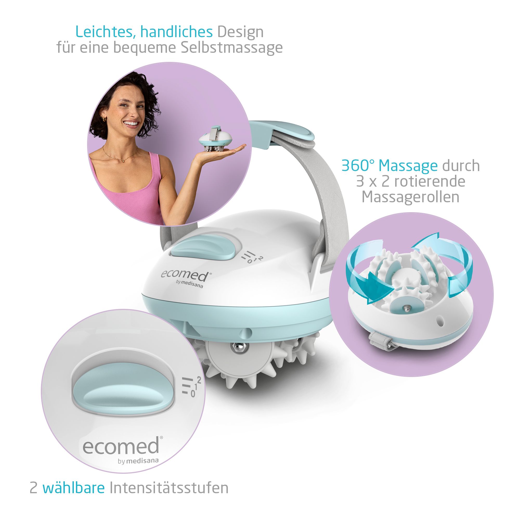Massagegerät mit 2 Intensitätsstufen und 3 rotierenden Massageköpfen.