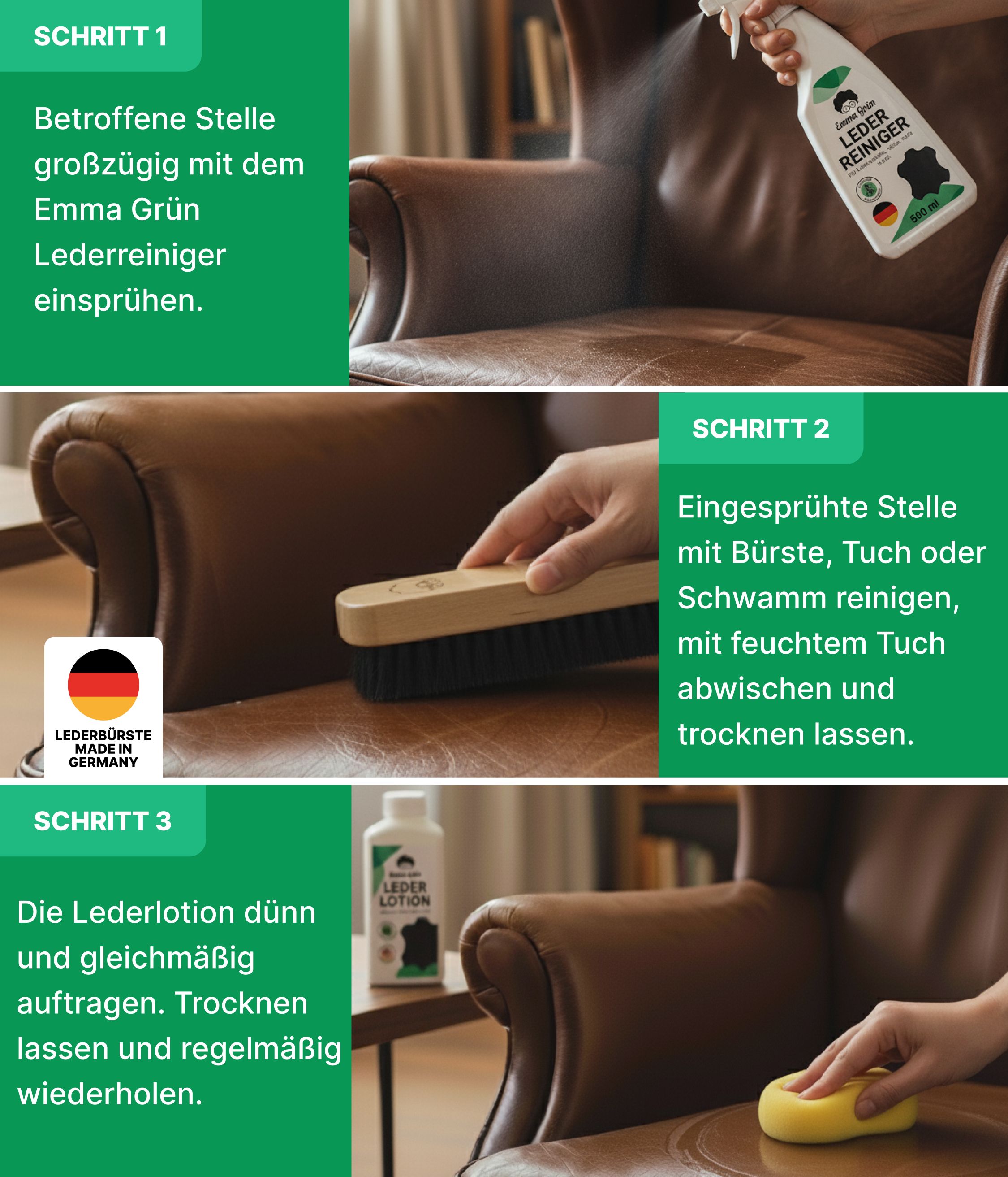 Anleitung zur Lederpflege. Schritte: Einsprühen, mit Bürste reinigen, Lotion auftragen. Produkte: Lederreiniger, Lederlotion, Schwamm, Bürste.