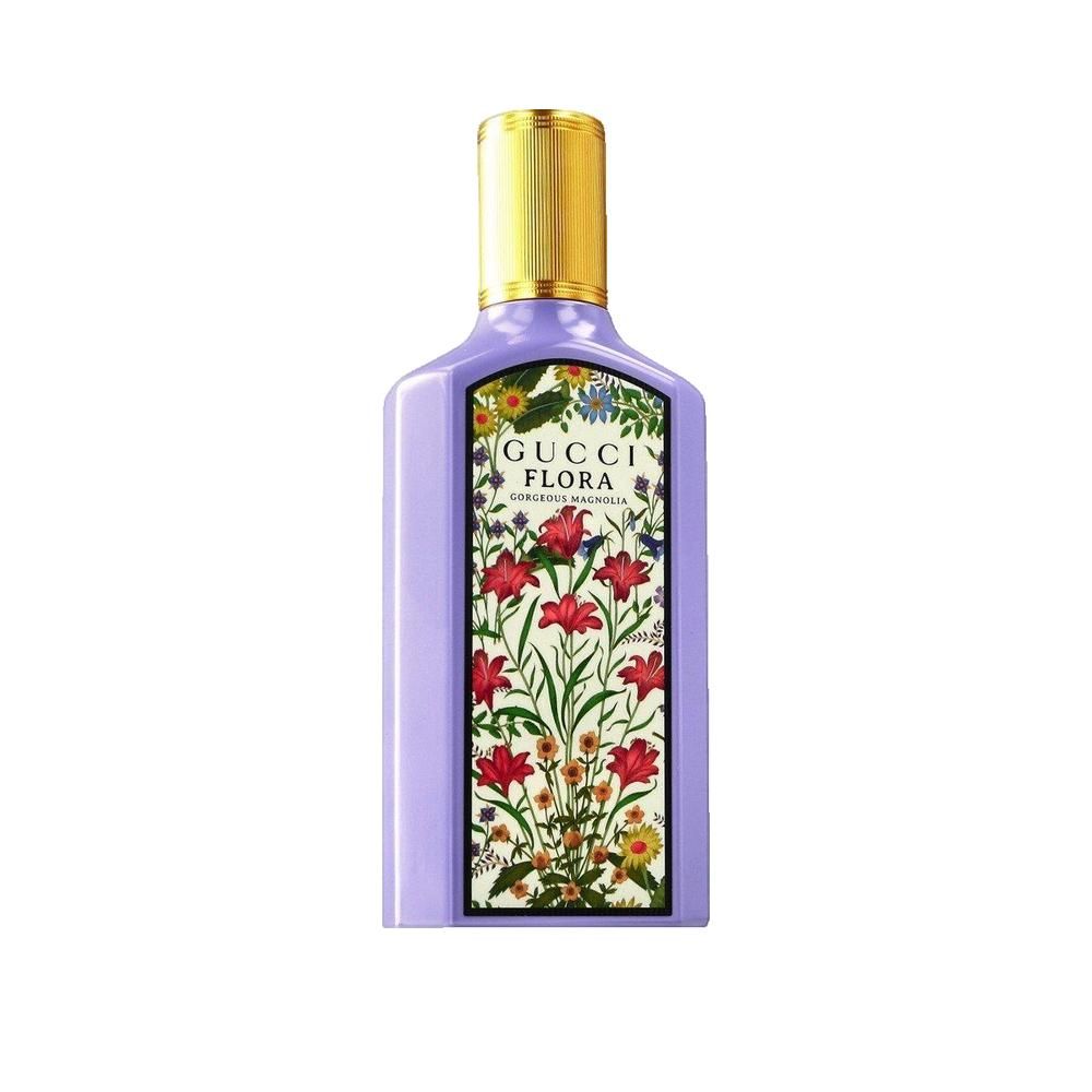 Flasche mit lila Flüssigkeit und goldenem Deckel. Auf der Vorderseite befindet sich ein Blumenmuster mit dem Schriftzug Gucci Flora.