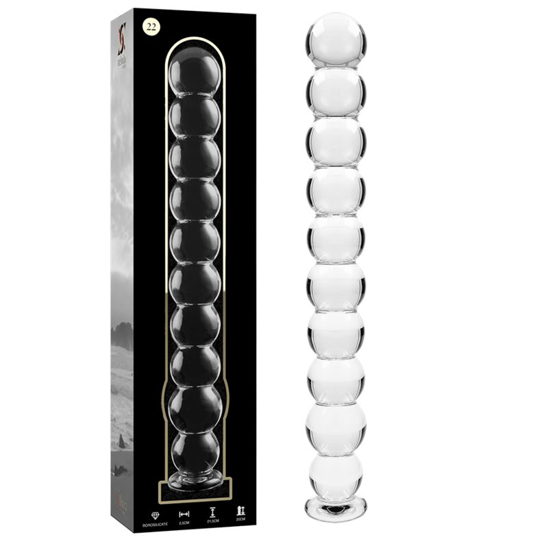 Dildo aus Borosilikatglas neben Verpackung. Schwarze Verpackung mit Produktabbildung. Modell 22.