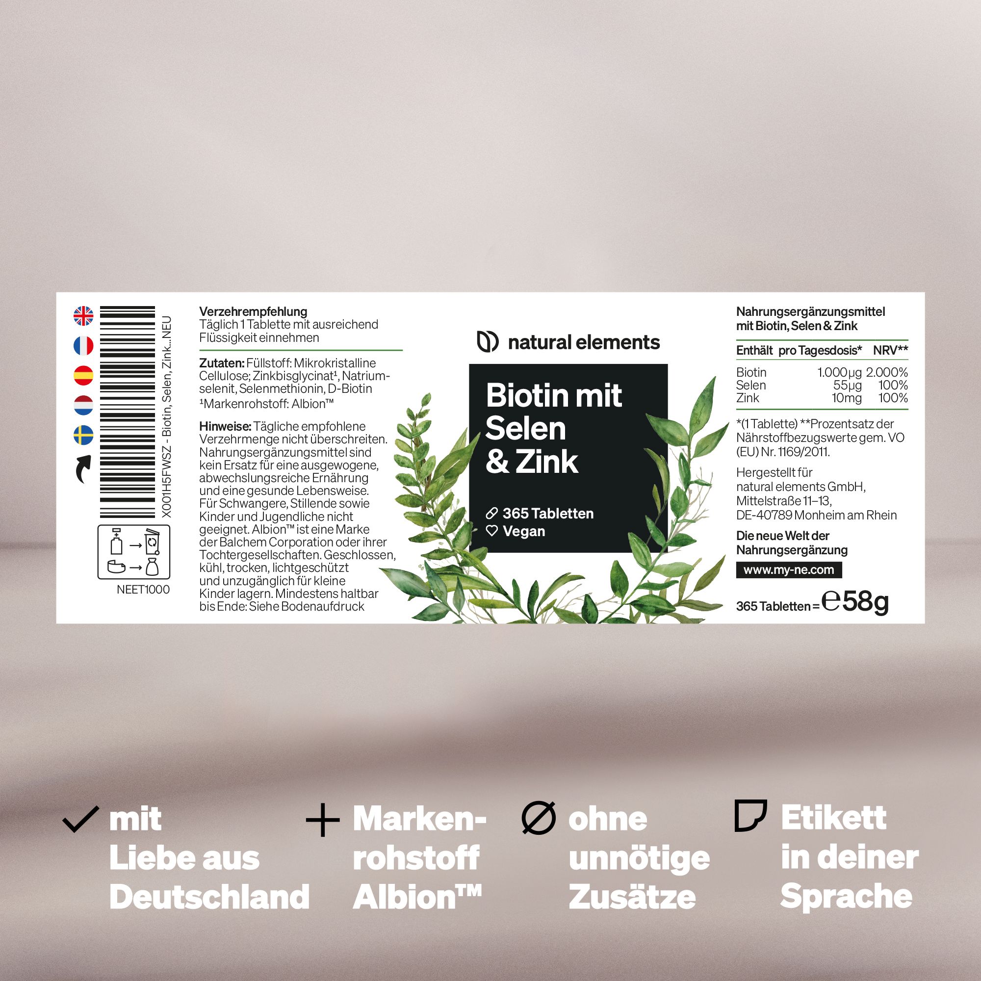 Etikett mit Produktinformationen. Aufschrift: Biotin mit Selen & Zink, 365 Tabletten, Vegan. Marke: natural elements.