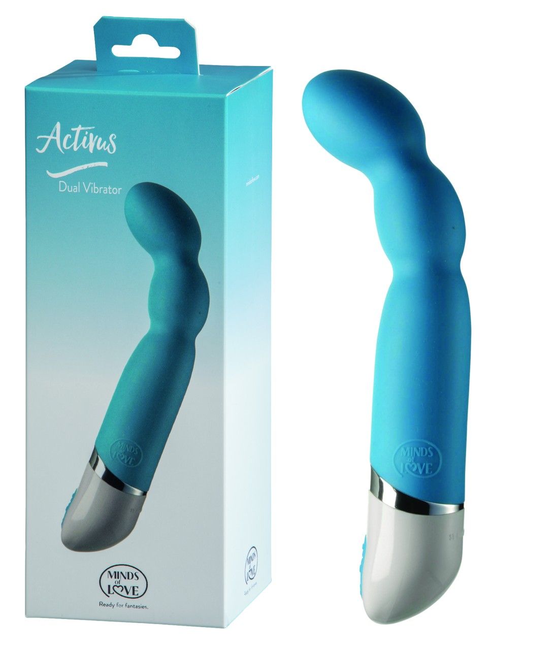 Blauer Dual-Vibrator neben Verpackung. Verpackung mit Produktname und Logo. Vibrator mit silbernem Akzent und weißem Ende.