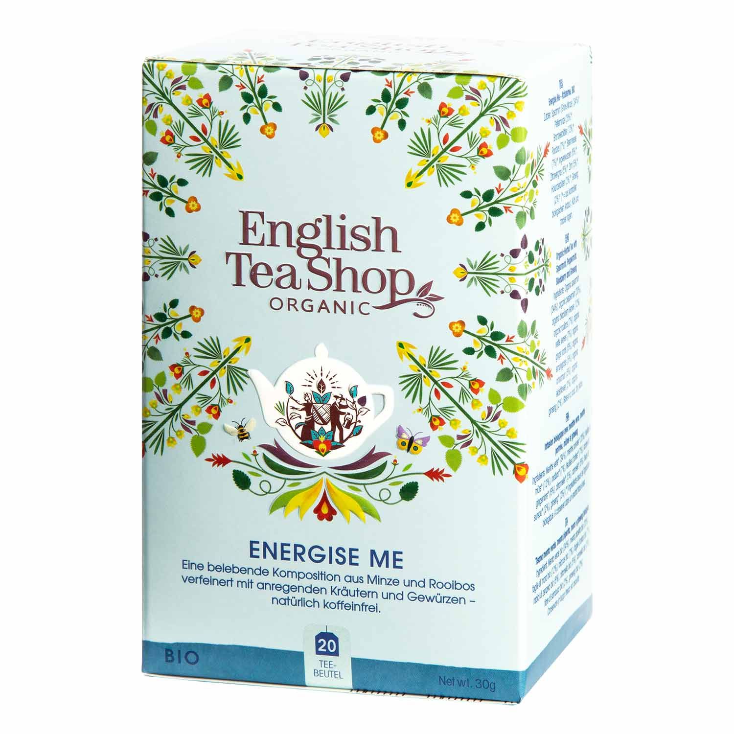Karton mit Aufdruck. Enthält 20 Teebeutel. Aufschrift: English Tea Shop ORGANIC, ENERGISE ME, BIO.
