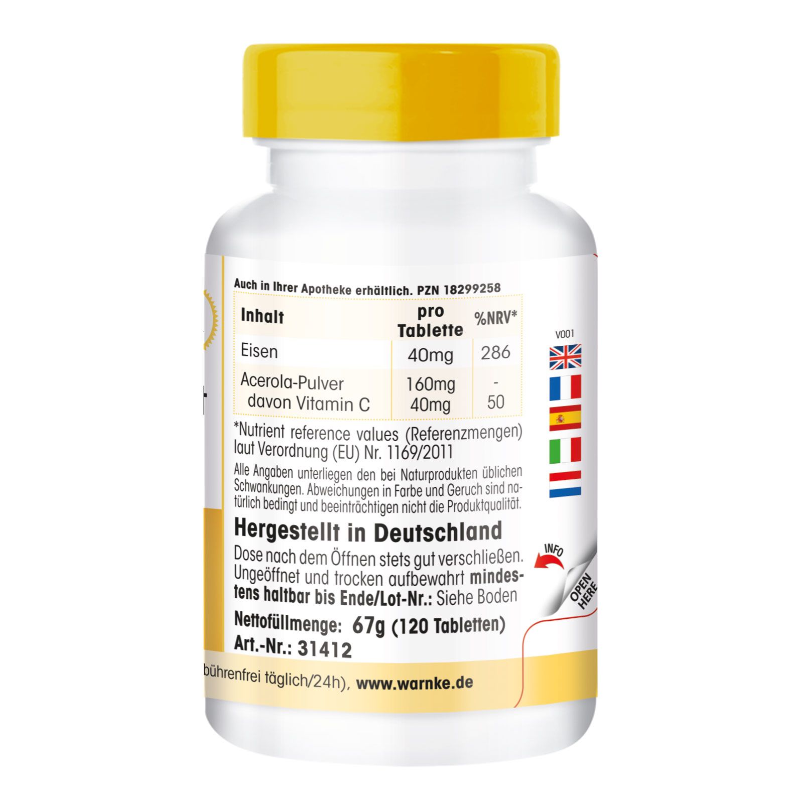 Rückseite der Pillenflasche. Text: Inhalt, Nährwertangaben, Hergestellt in Deutschland. Nettomenge: 67g (120 Tabletten).