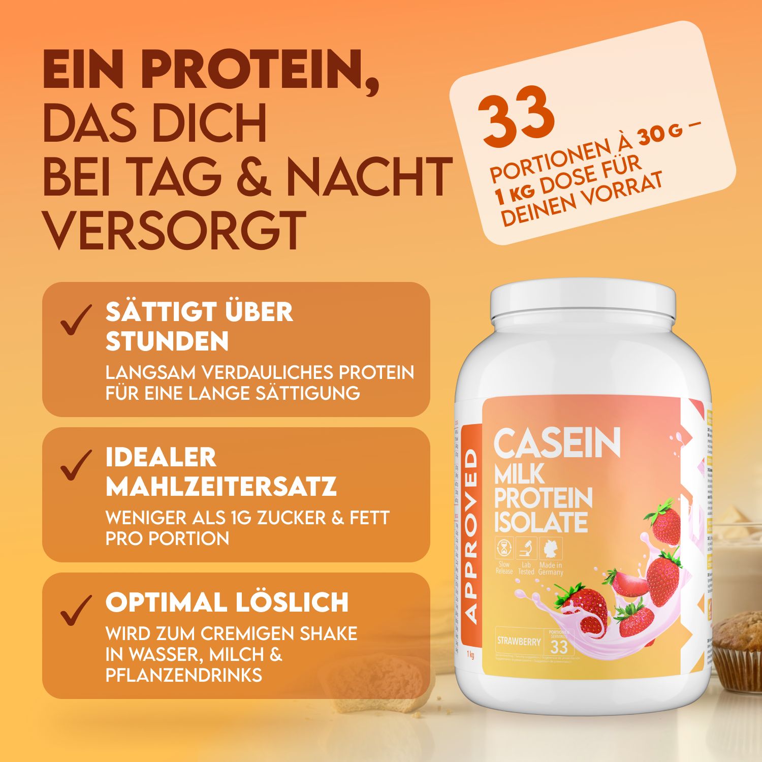 Casein-Behälter mit Text: Casein Milk Protein Isolate, 33 Portionen. Text: Sättigt über Stunden, idealer Mahlzeitenersatz, optimal löslich.