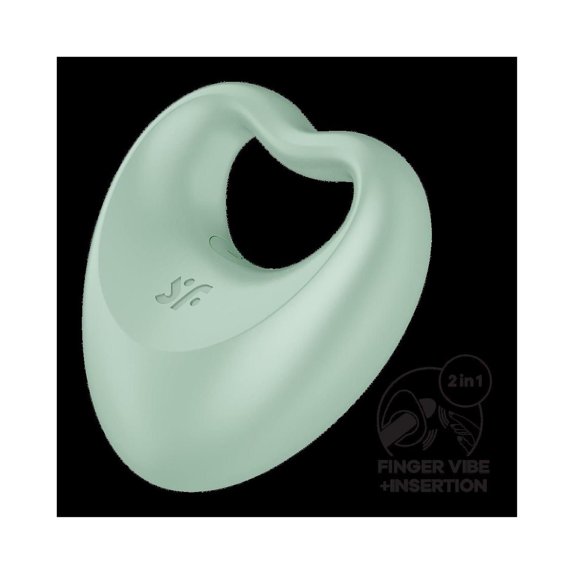 Mintfarbener Penisring mit Fingervibrator. Herzförmig mit Öffnung. Logo und 2in1-Funktion.