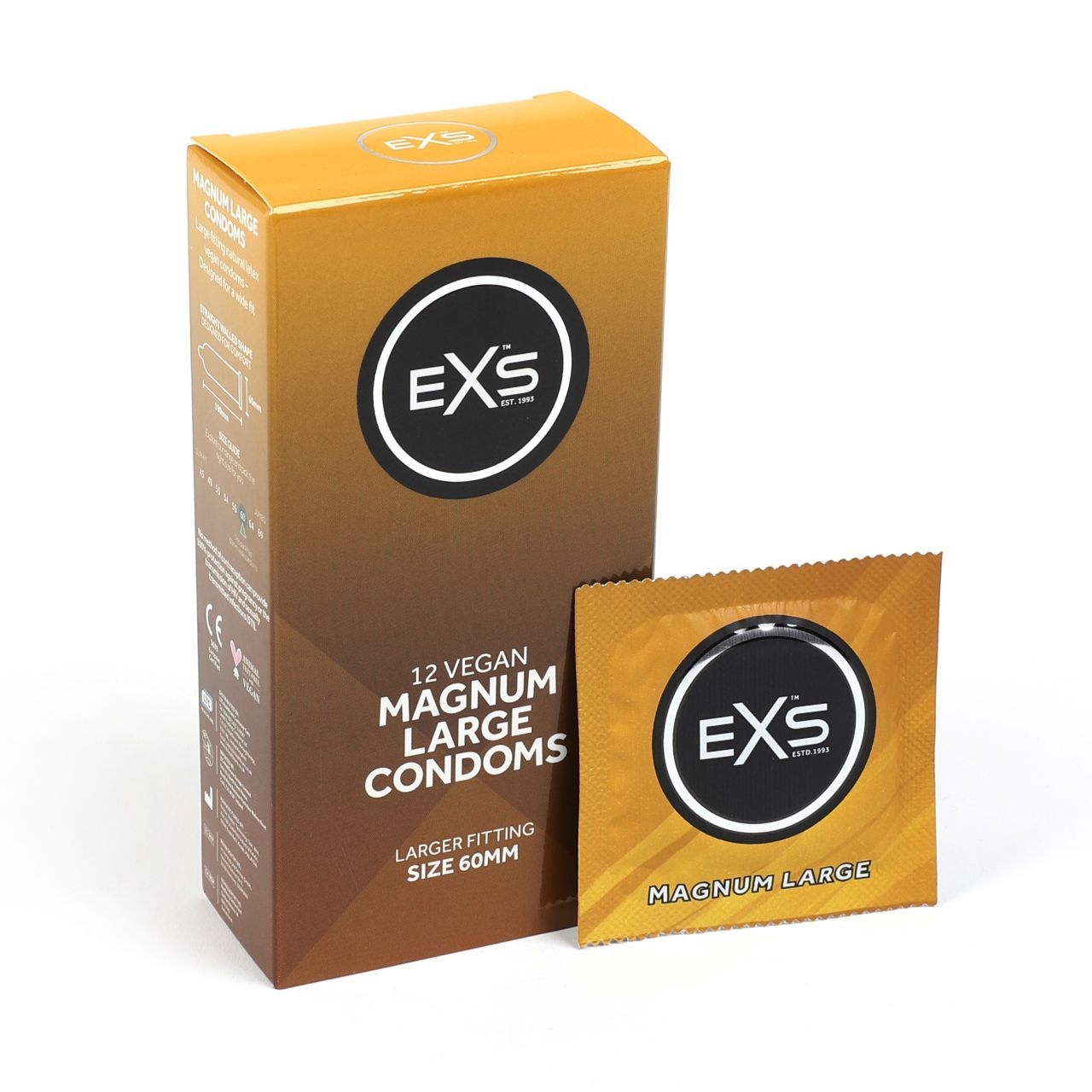EXS Magnum Large Kondomverpackung neben einer einzelnen Kondompackung.