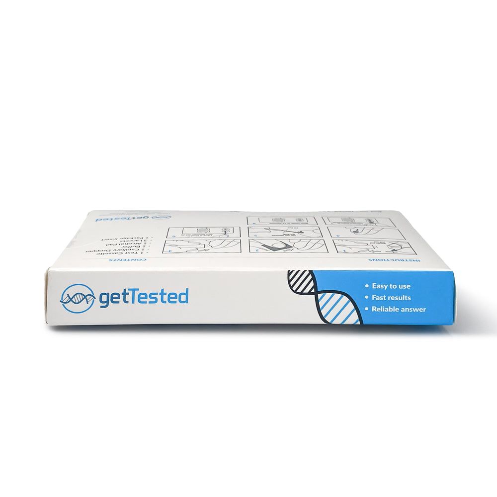GetTested Herpes-Test-Packung, flach liegend. Enthält Informationen zu Herpes simplex Viren. Mit Logo und Text.