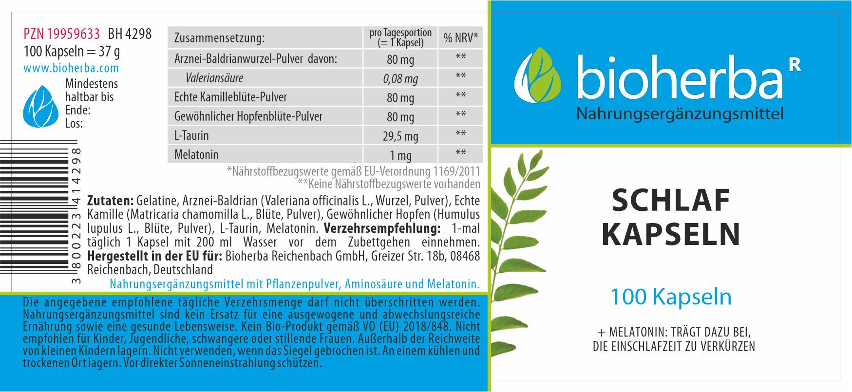 Etikett mit "bioherba" und "Schlaf Kapseln". Enthält Informationen zu Inhaltsstoffen und Dosierung. 100 Kapseln.