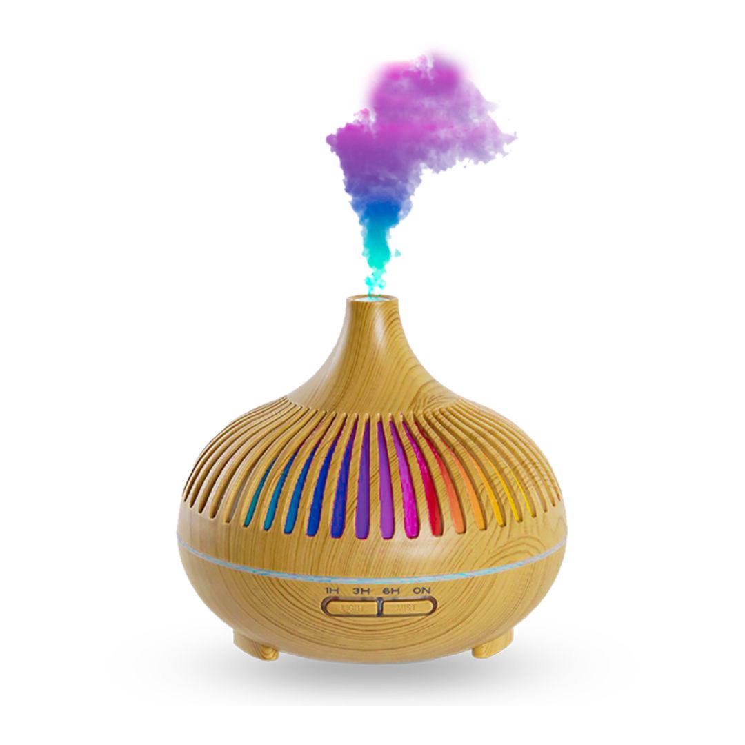 Holzfarbener Aroma-Diffusor mit bunten LED-Lichtern und einem Dampfstoß in Lila und Blau.