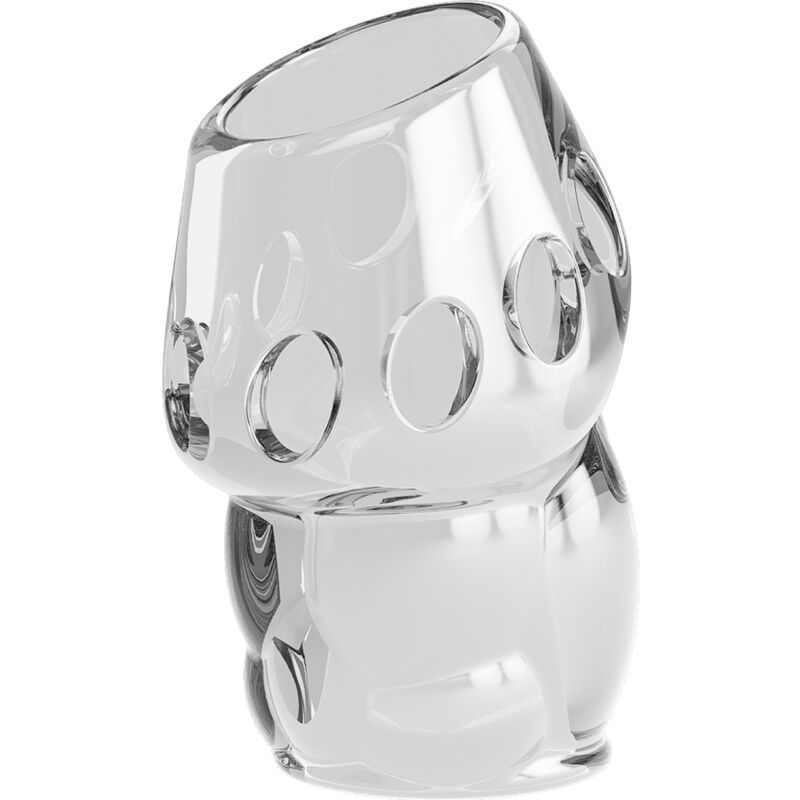 Transparentes Produkt mit Löchern. Geformt für den Intimbereich. Aus klarem Material.