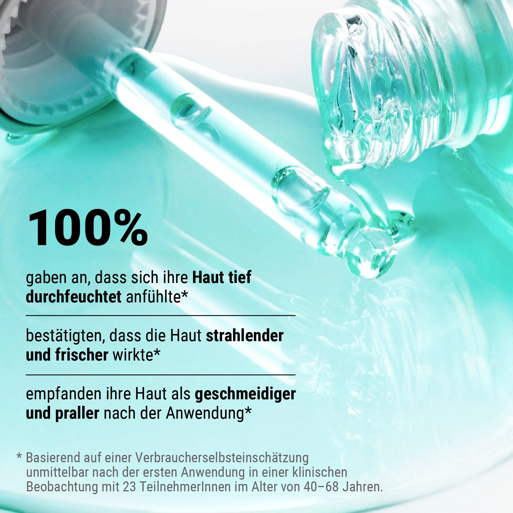 Pipette mit Serum. Aufschrift: 100%. Text: Haut fühlt sich tief durchfeuchtet an, Haut wirkt strahlender, Haut fühlt sich geschmeidiger an.