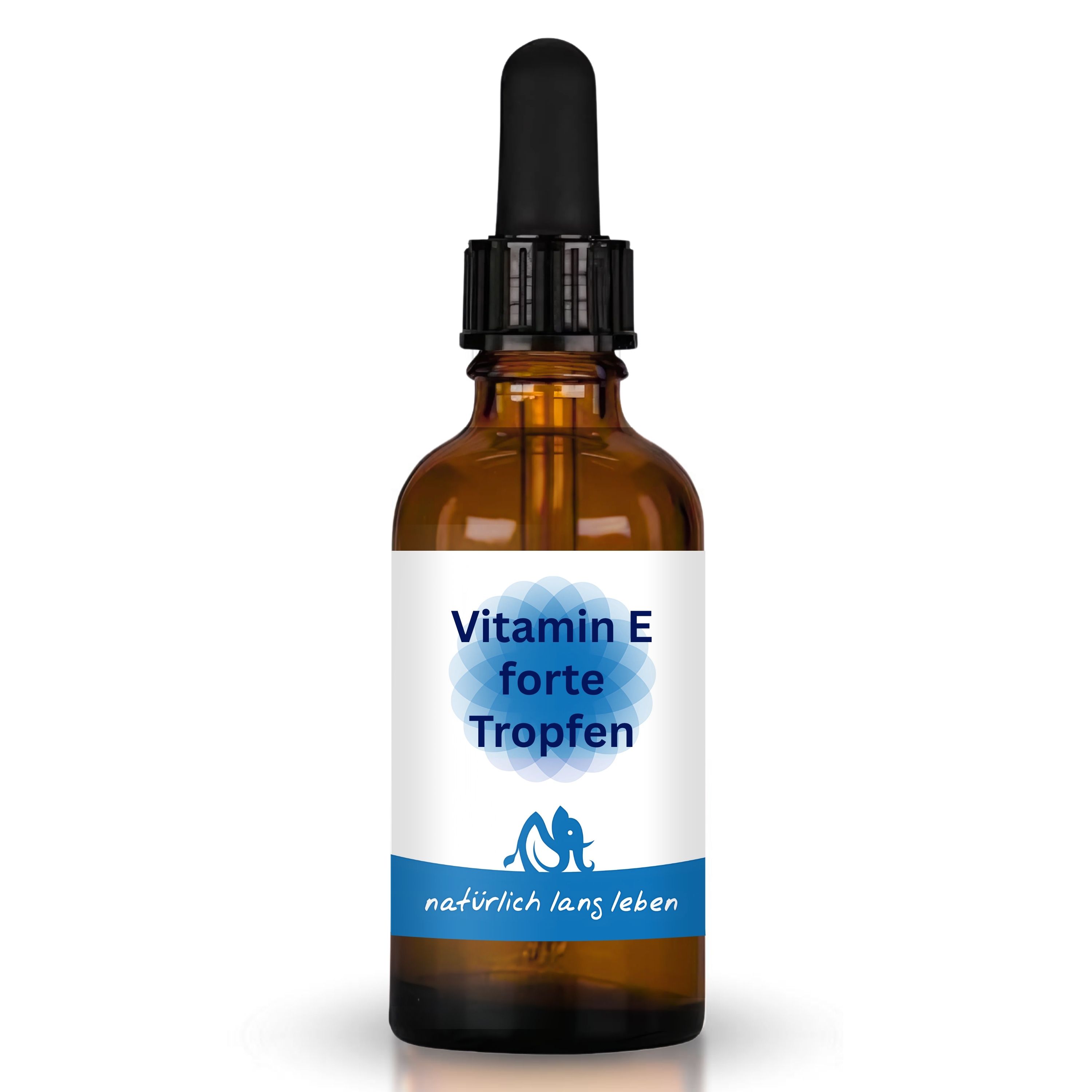 Braune Glasflasche mit Tropfer. Etikett mit "Vitamin E forte Tropfen" und Logo. "natürlich lang leben" Schriftzug.