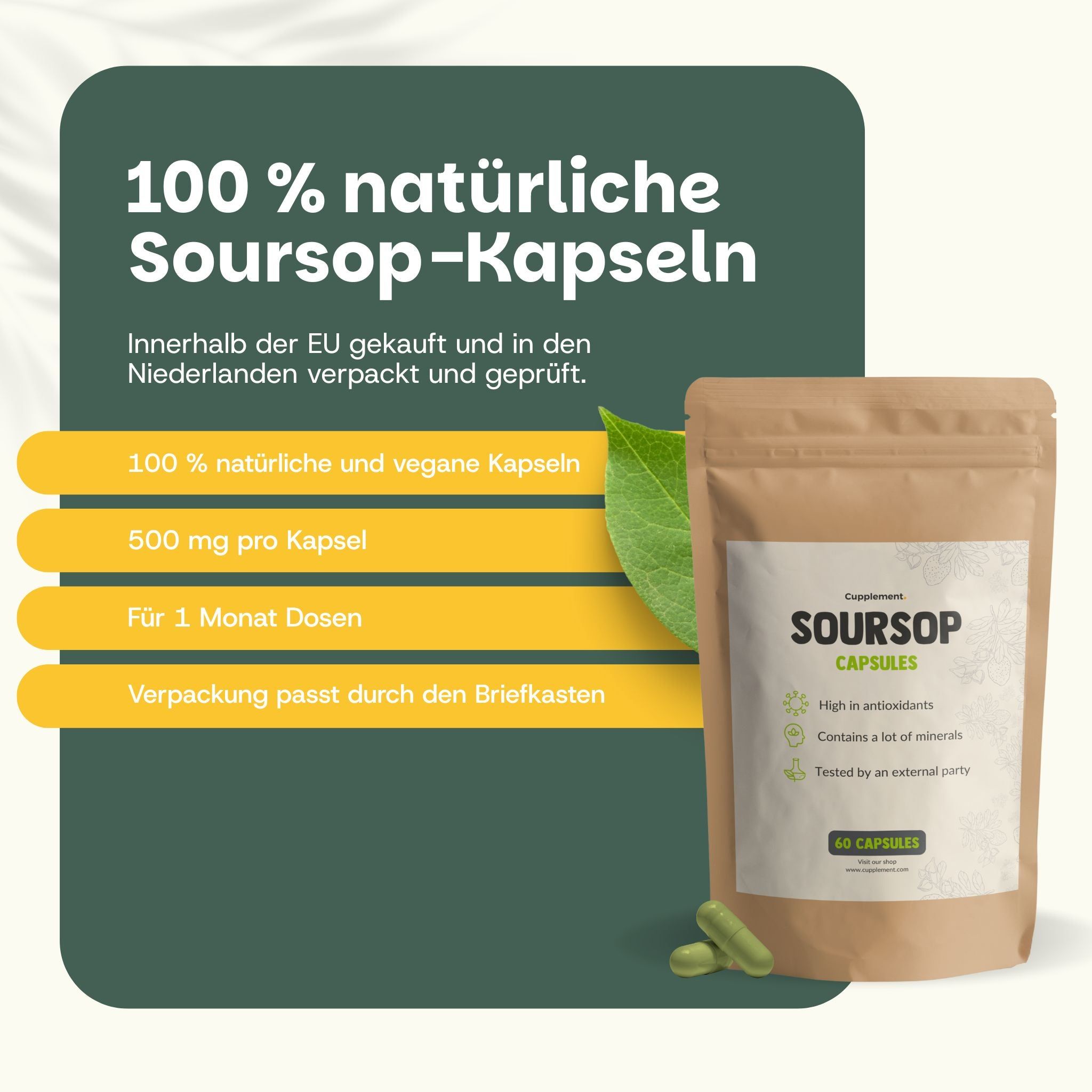 Beutel mit Soursop-Kapseln und zwei Kapseln. Text: 100% natürliche und vegane Kapseln, 500 mg pro Kapsel.