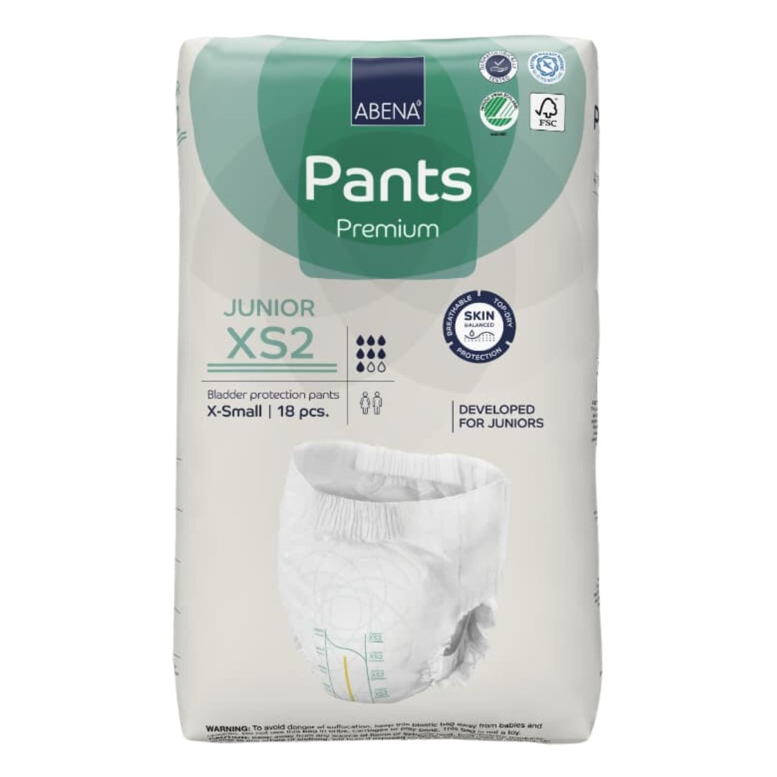 Verpackung mit ABENA Pants Premium Junior. Aufdruck: XS2, X-Small, 18 Stück. Mit Hautschutz-Siegel und FSC-Zertifizierung.