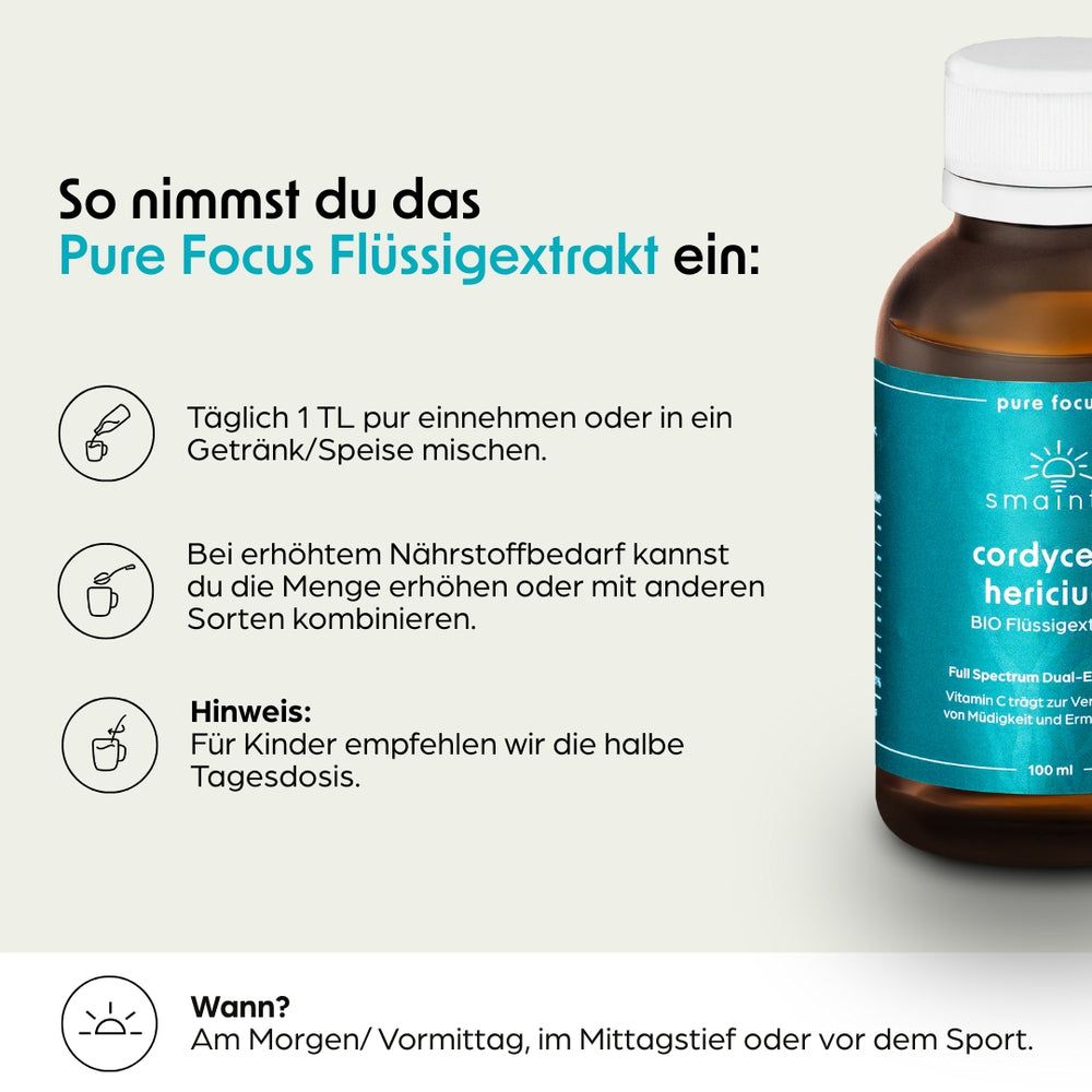 Grafik mit Text: So nimmst du das Pure Focus Flüssigextrakt ein. Anweisungen mit Symbolen. Flasche und Löffel.