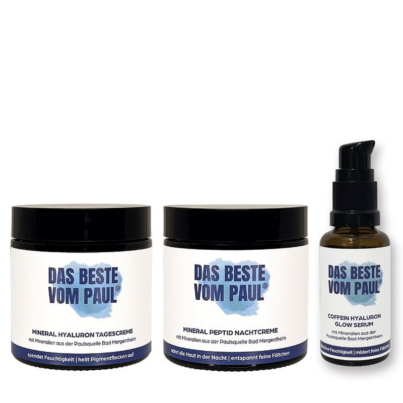 Drei Tiegel und eine Flasche. Aufschrift: Das Beste vom Paul. Mineral Hyaluron Tagescreme, Mineral Peptid Nachtcreme, Koffein Hyaluron Glow Serum.