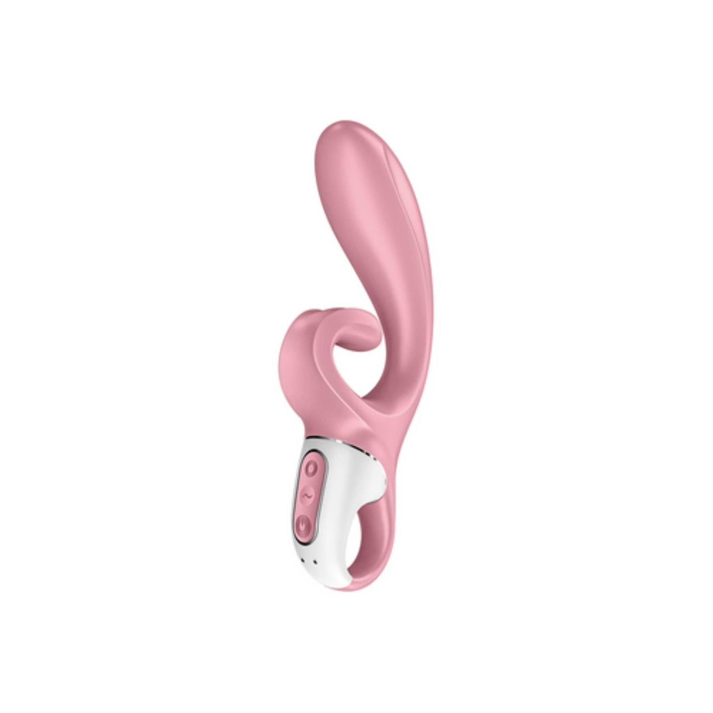 Rosa Vibrator, Seitenansicht. Gebogene Form mit Zungenaufsatz und weißem Bereich. Bedienelemente.